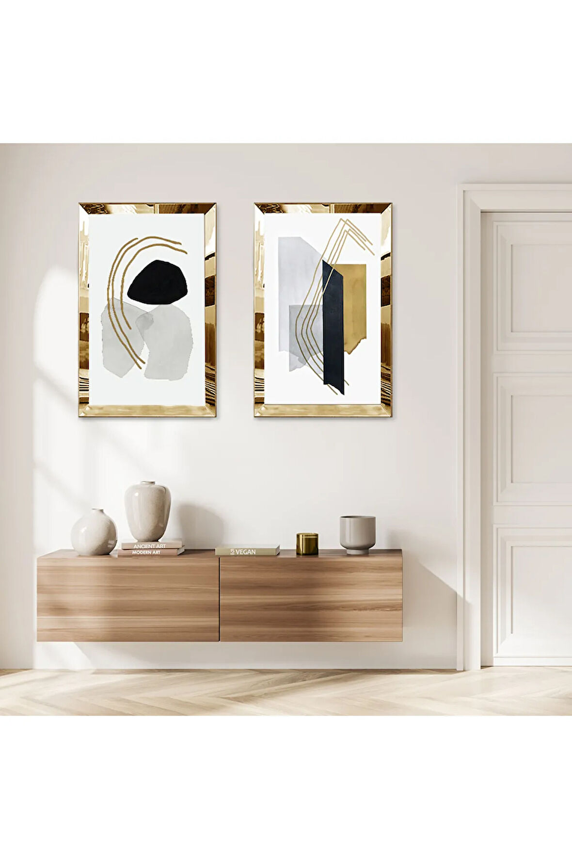 GOLD AYNALI PLEKSİ ÇERÇEVELİ BEYAZ ARKA PLANLI RENKLİ MODERN DESENER İKİLİ MDF TABLO SETİ