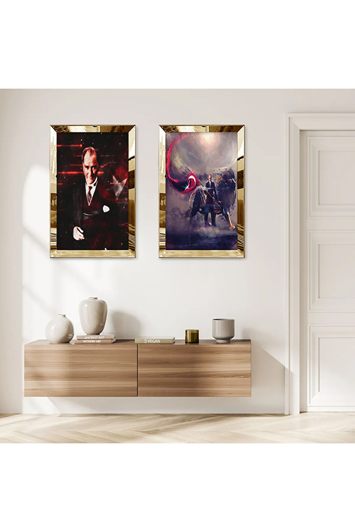 GOLD AYNALI PLEKSİ ÇERÇEVELİ ATATÜRK MODERN İKİLİ MDF TABLO SETİ