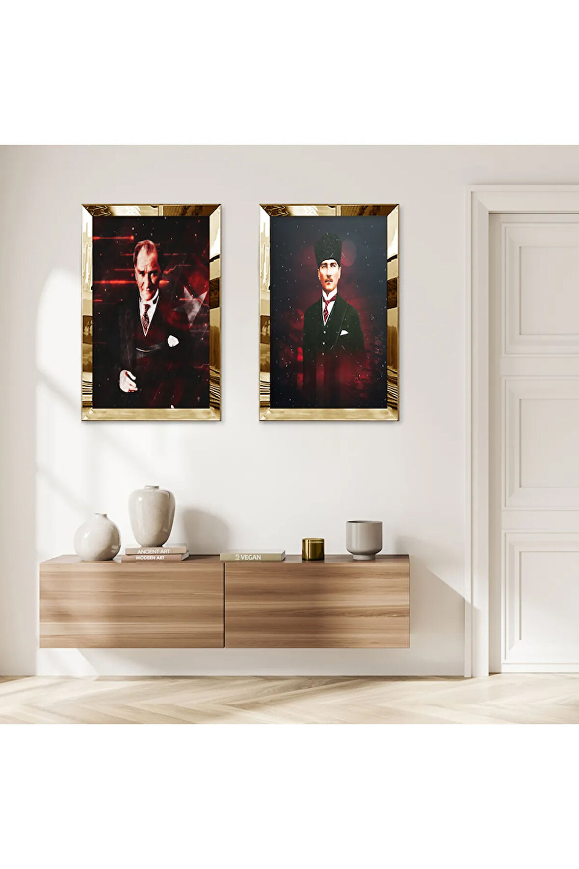 GOLD AYNALI PLEKSİ ÇERÇEVELİ ATATÜRK DEKORATİF İKİLİ MDF TABLO SETİ