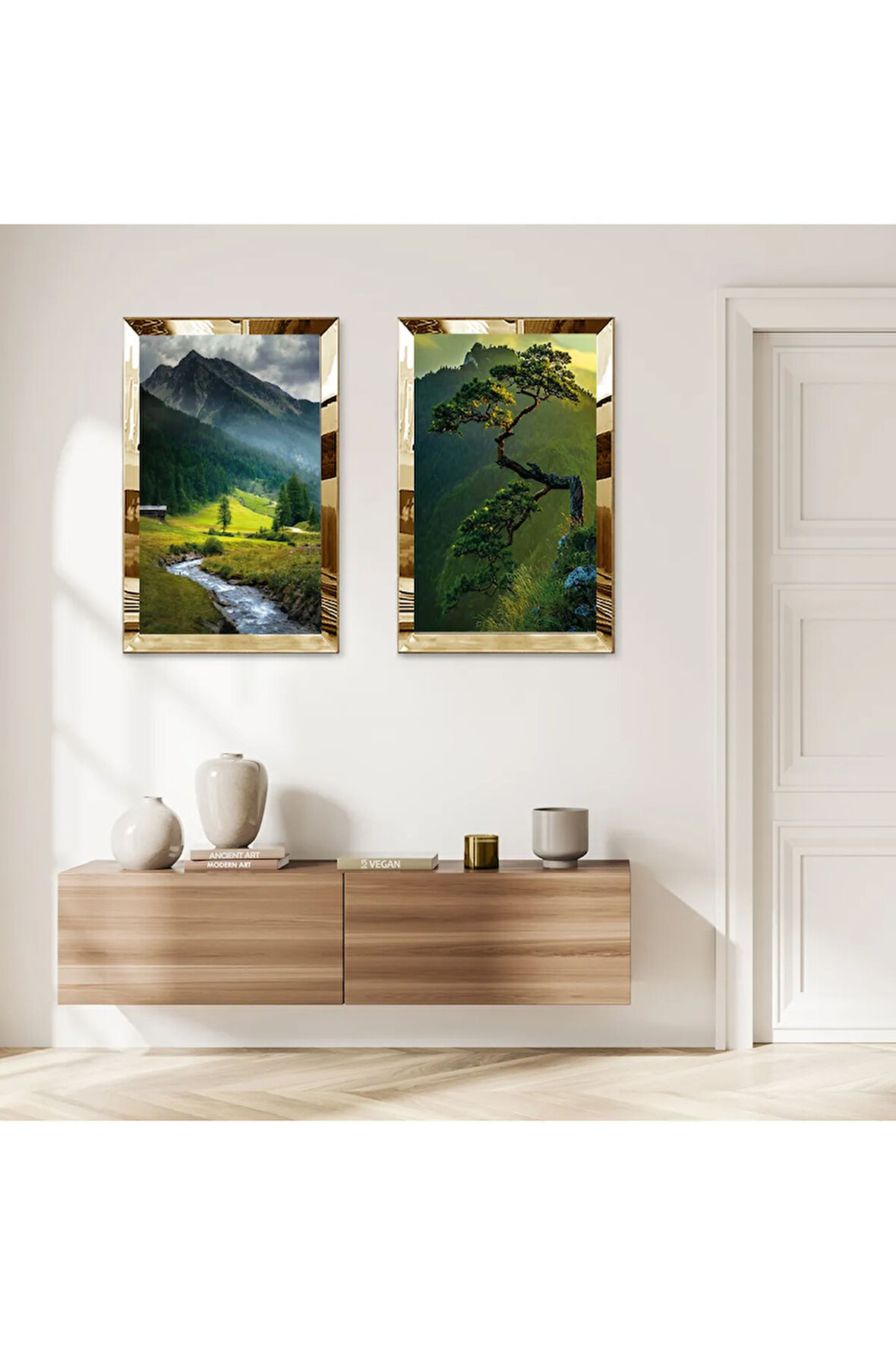 GOLD AYNALI PLEKSİ ÇERÇEVELİ KÖYDE AĞAÇLAR MANZARALI MODERN İKİLİ MDF TABLO SETİ