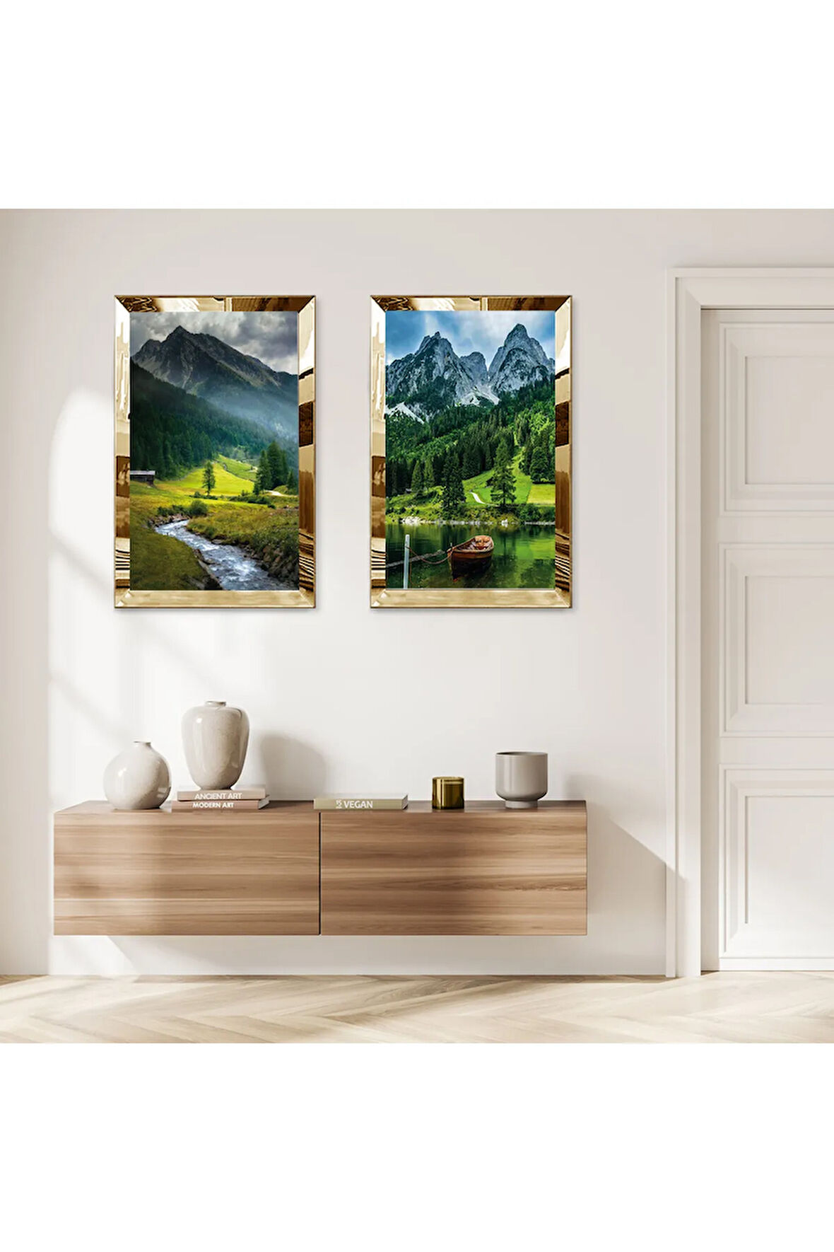 GOLD AYNALI PLEKSİ ÇERÇEVELİ KÖYDE SOYUT AĞAÇLAR MANZARALI İKİLİ MDF TABLO SETİ