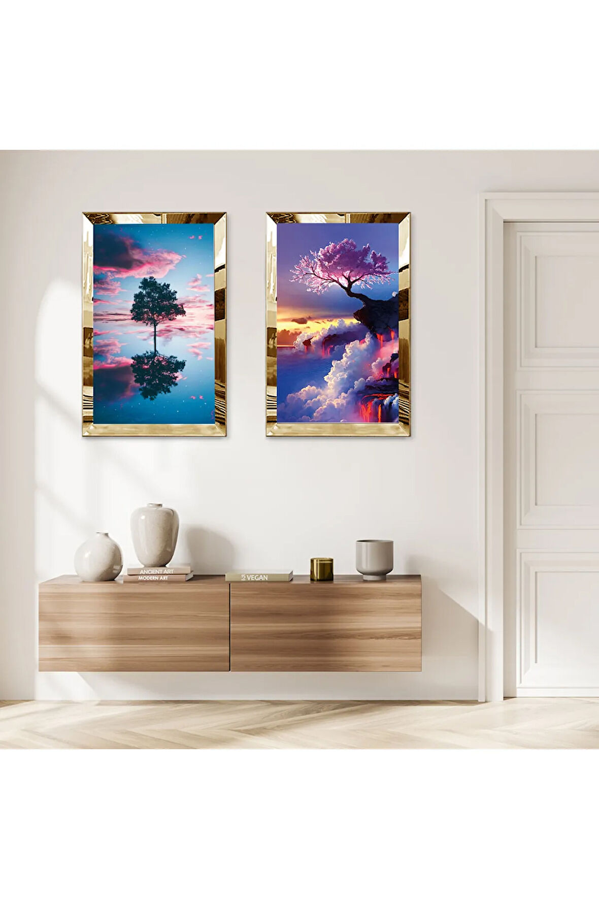 GOLD AYNALI PLEKSİ ÇERÇEVELİ DENİZDE MODERN AĞAÇ MANZARASI İKİLİ MDF TABLO SETİ