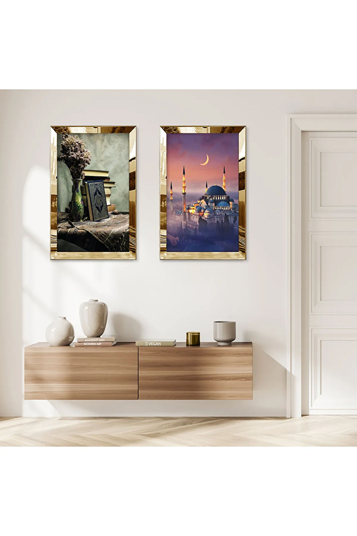 GOLD AYNALI PLEKSİ ÇERÇEVELİ KURAN-I KERİM VE CAMİ DİNİ DEKORATİF İKİLİ MDF TABLO SETİ