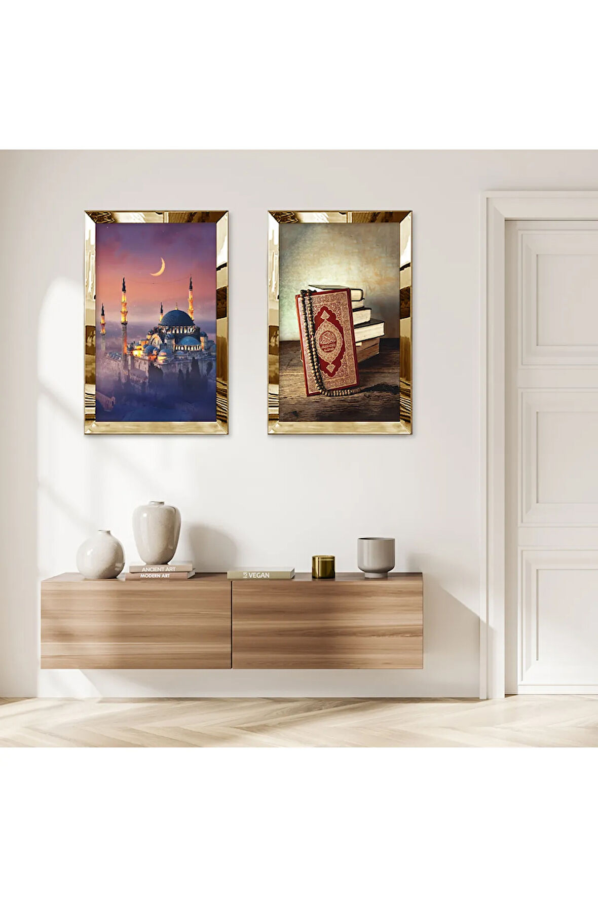 GOLD AYNALI PLEKSİ ÇERÇEVELİ KURAN-I KERİM VE CAMİ DİNİ İKİLİ MDF TABLO SETİ