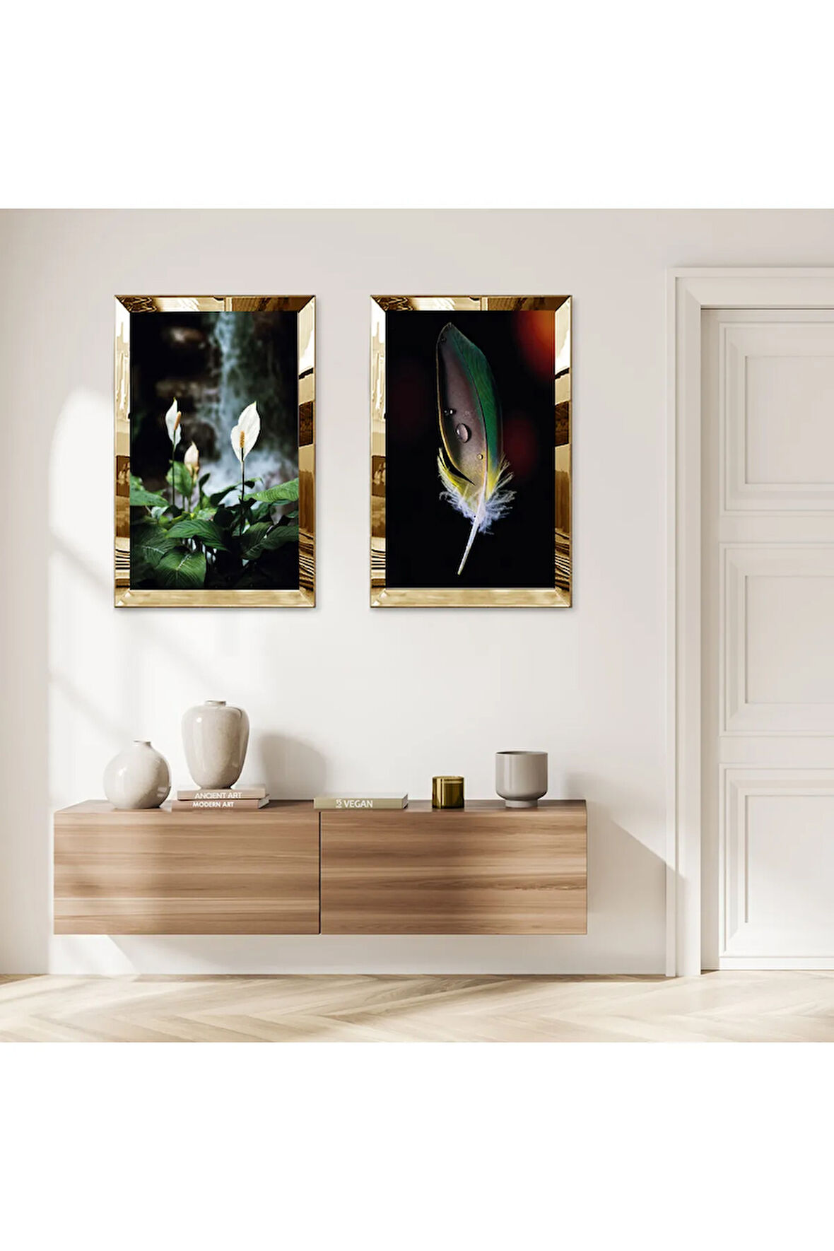 GOLD AYNALI PLEKSİ ÇERÇEVELİ MODERN BİTKİLER İKİLİ MDF TABLO SETİ