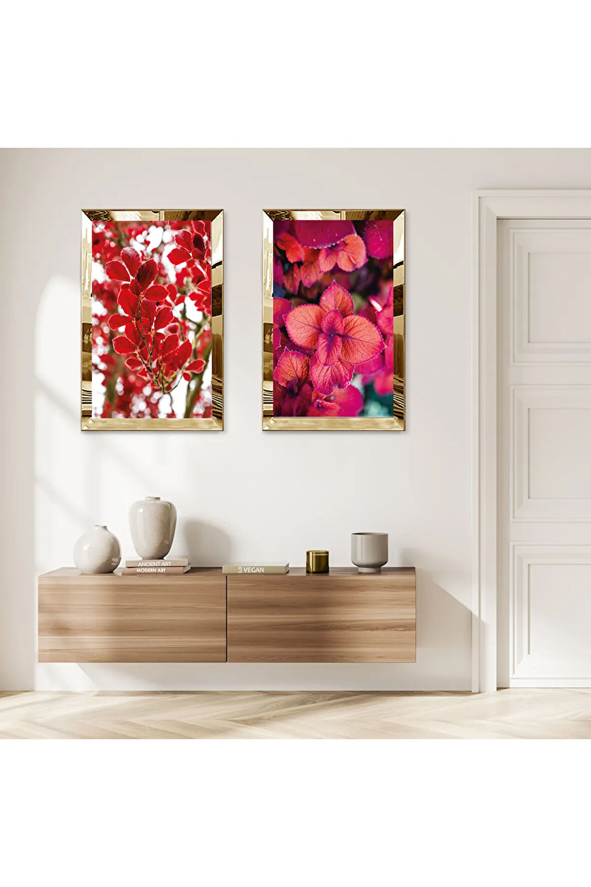 GOLD AYNALI PLEKSİ ÇERÇEVELİ KIRMIZI BİTKİLER İKİLİ MDF TABLO SETİ
