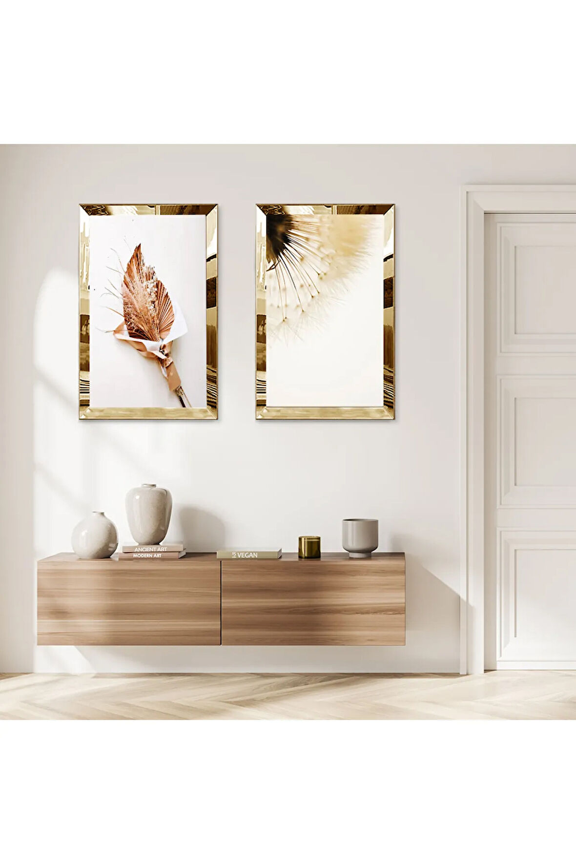 GOLD AYNALI PLEKSİ ÇERÇEVELİ BEYAZ ARKA PLANLI KURUMUŞ ÇİÇEKLER DEKORATİF İKİLİ MDF TABLO SETİ