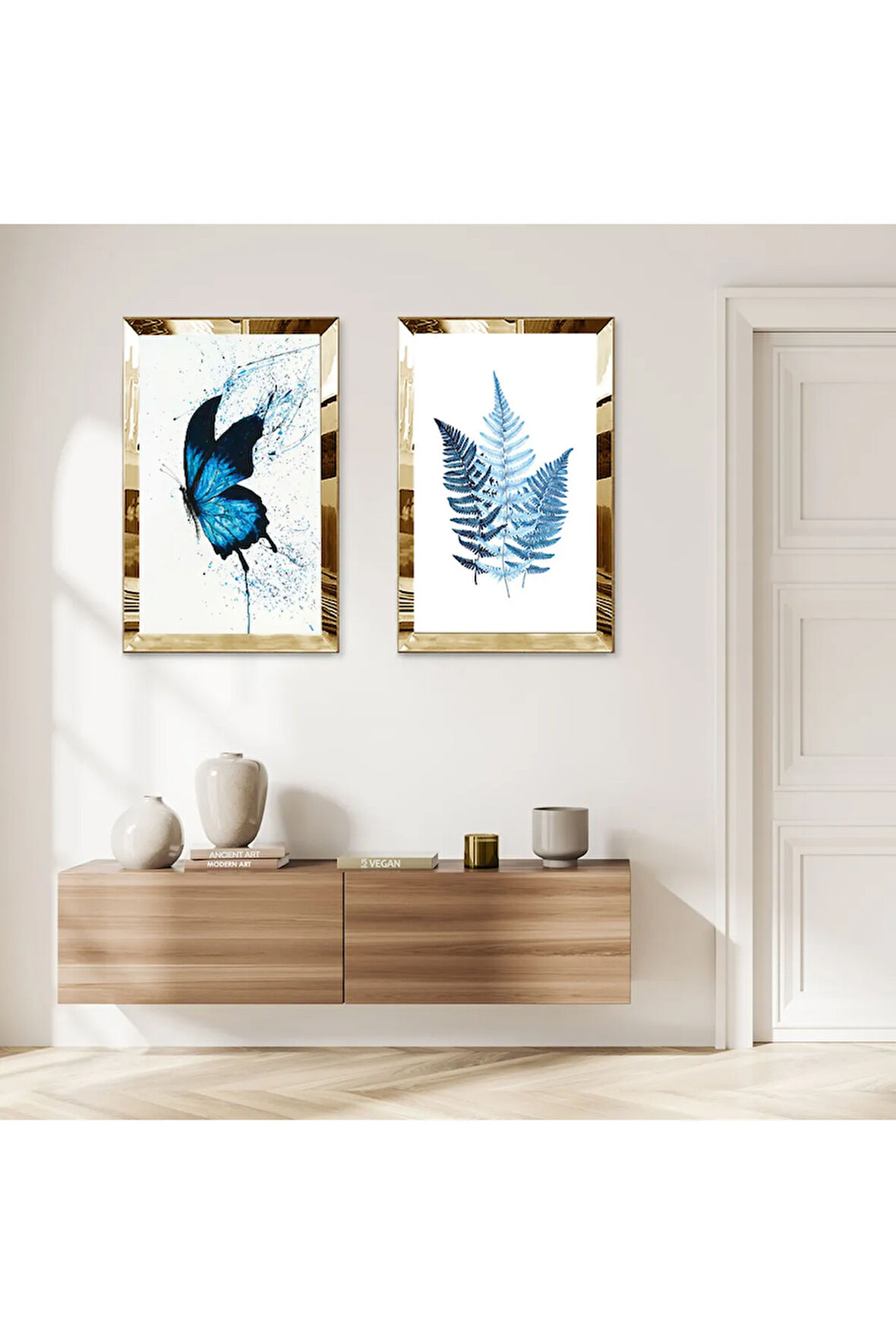GOLD AYNALI PLEKSİ ÇERÇEVELİ BEYAZ ARKA PLANLI SOYUT MAVİ ÇİÇEKLER İKİLİ MDF TABLO SETİ