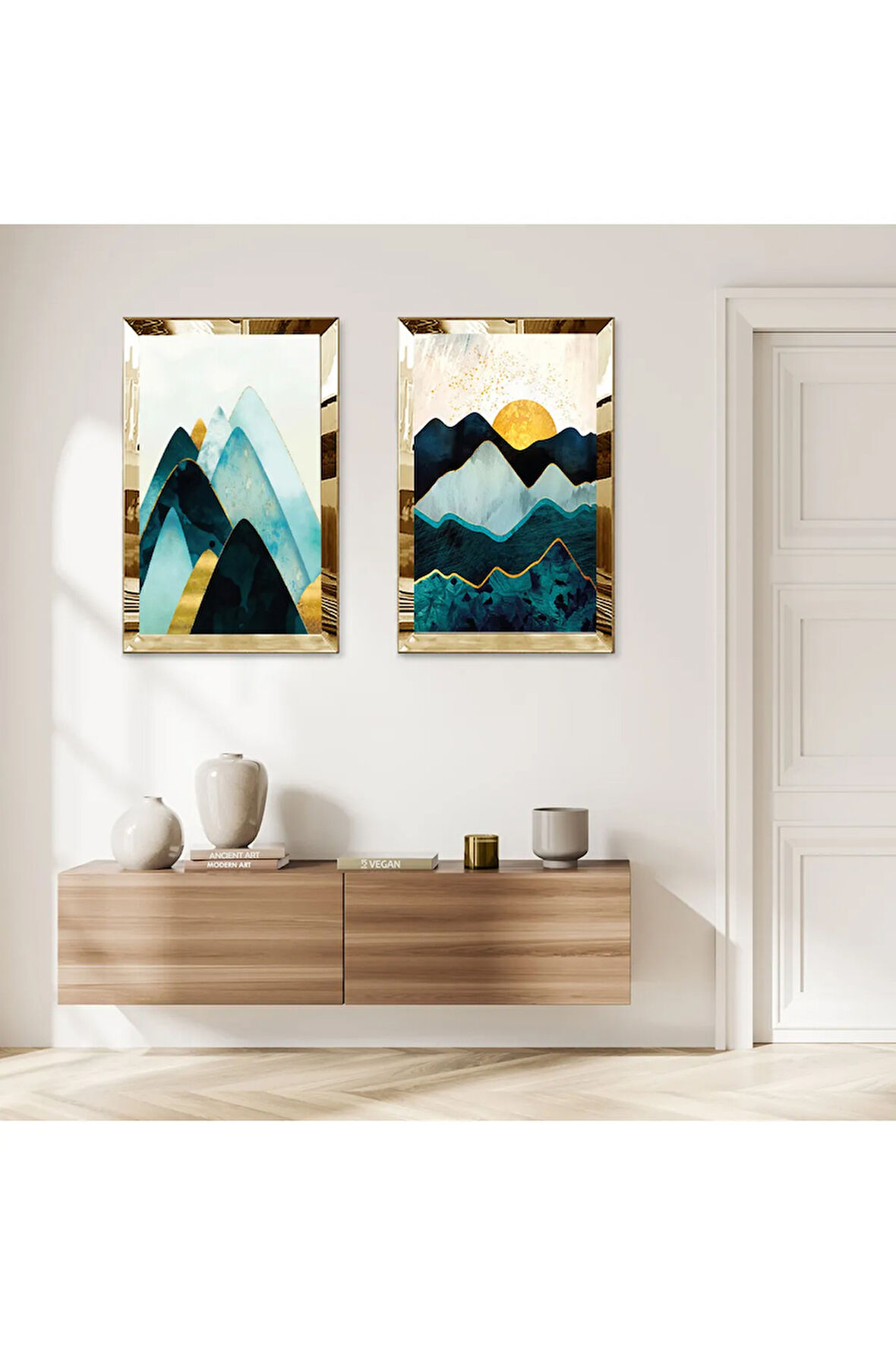 GOLD AYNALI PLEKSİ ÇERÇEVELİ GECE SOYUT DAĞ MANZARALI İKİLİ MDF TABLO SETİ