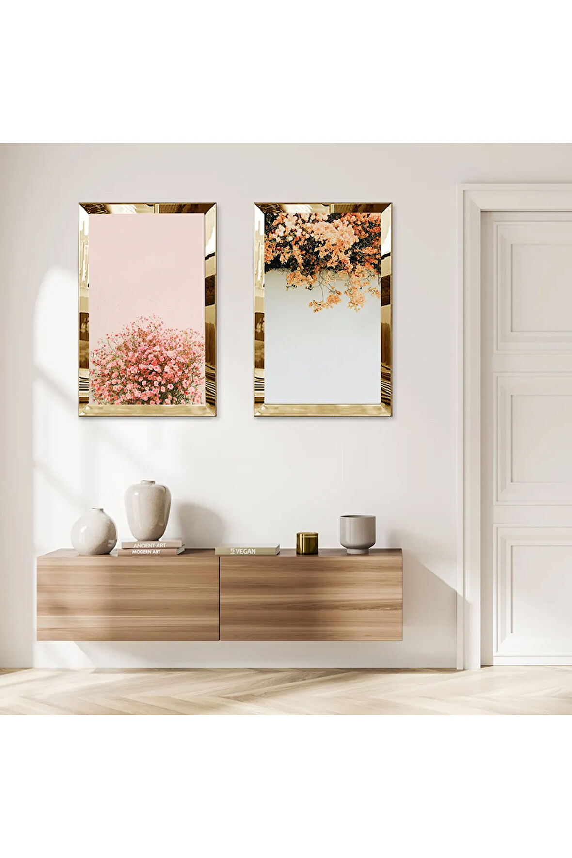GOLD AYNALI PLEKSİ ÇERÇEVELİ PEMBE VE BEYAZ ÇİÇEKLER DEKORATİF İKİLİ MDF TABLO SETİ