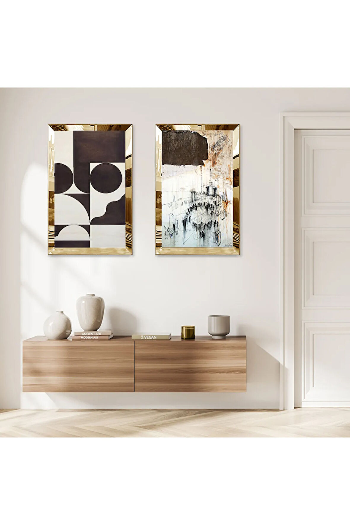 GOLD AYNALI PLEKSİ ÇERÇEVELİ MODERN SOYUT DESENLER İKİLİ MDF TABLO SETİ