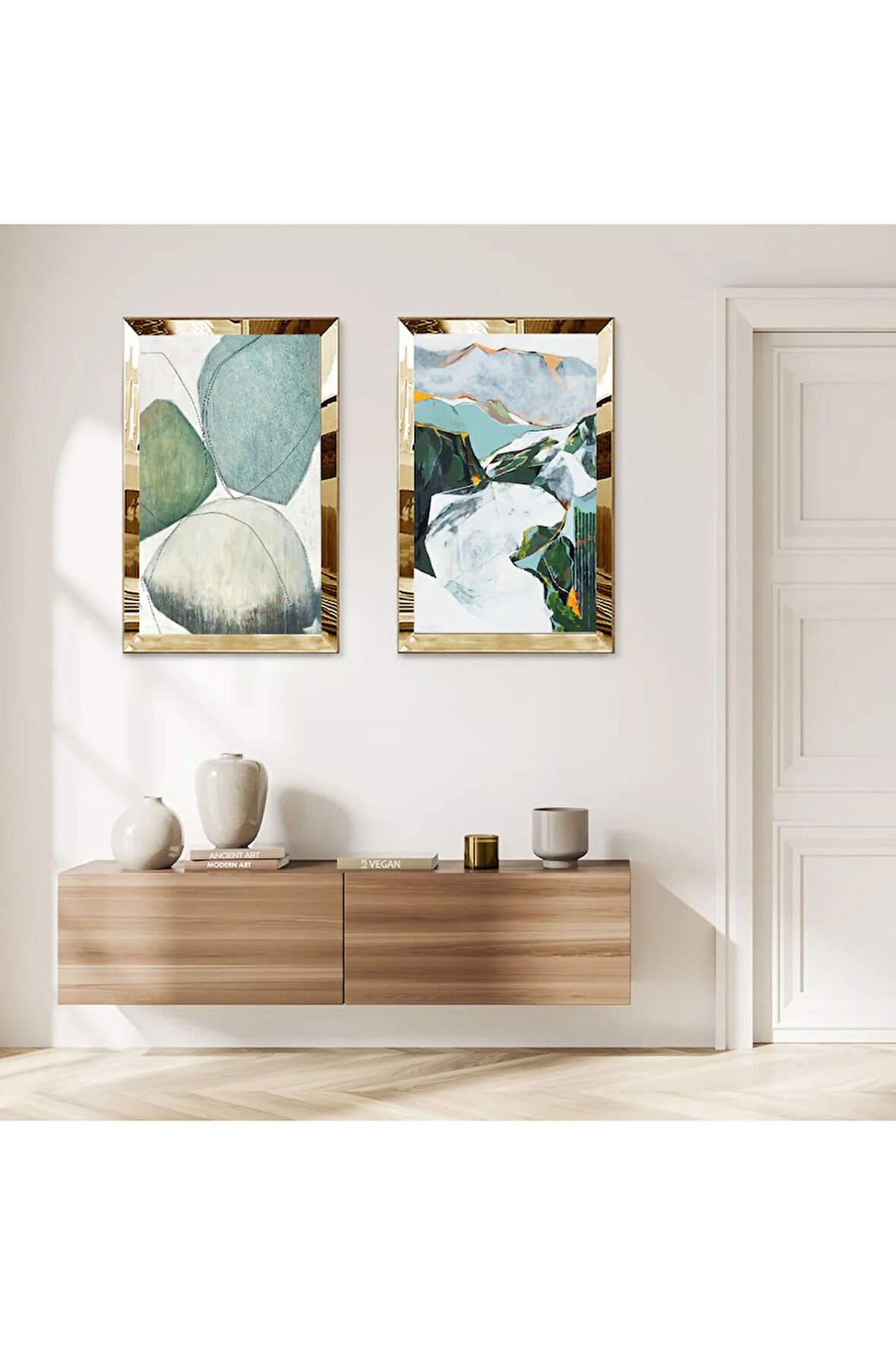 GOLD AYNALI PLEKSİ ÇERÇEVELİ SOYUT RENKLİ KAYA DESENKLERİ DEKORATİF İKİLİ MDF TABLO SETİ
