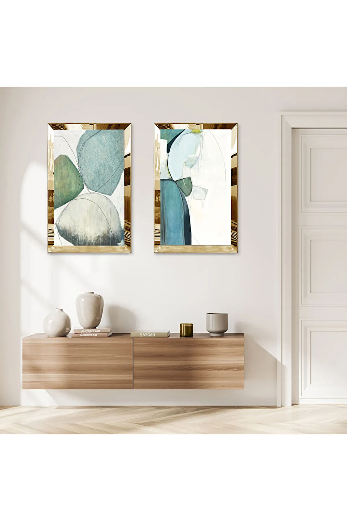 GOLD AYNALI PLEKSİ ÇERÇEVELİ SOYUT RENKLİ KAYA DESENKLERİ MODERN İKİLİ MDF TABLO SETİ