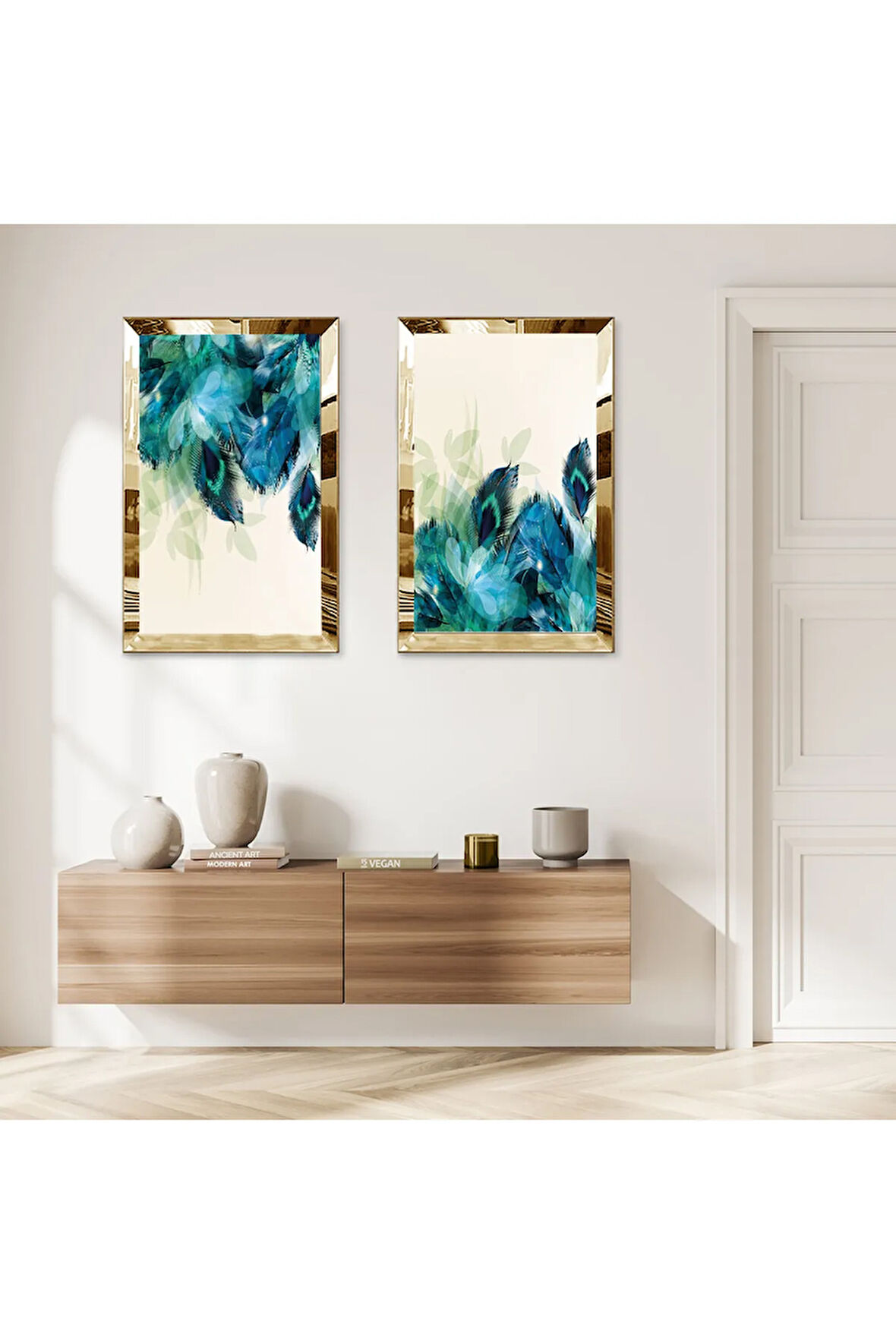 GOLD AYNALI PLEKSİ ÇERÇEVELİ SU YEŞİLİ SOYUT DESEN MODERN İKİLİ MDF TABLO SETİ