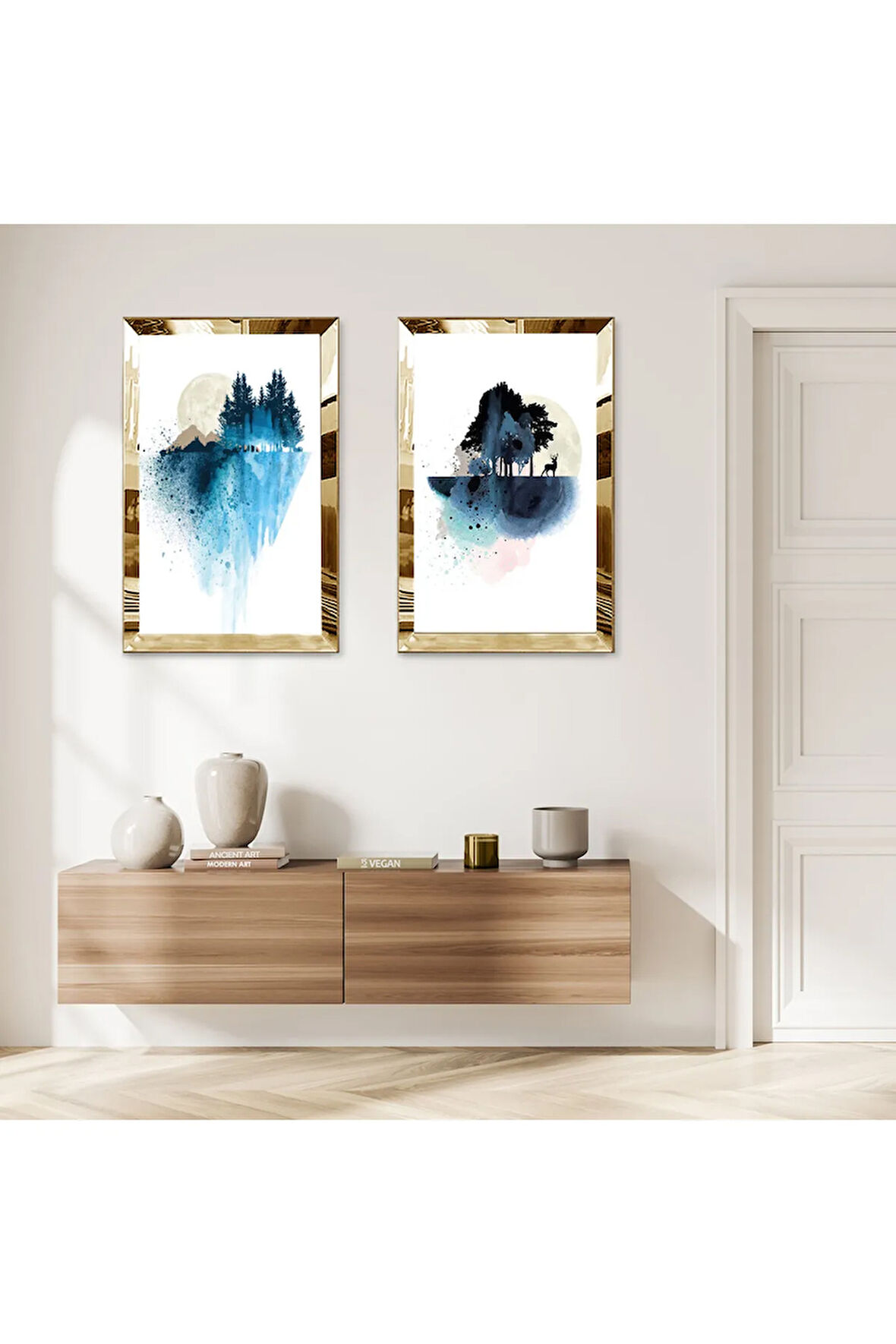 GOLD AYNALI PLEKSİ ÇERÇEVELİ BEYAZ ARKA PLANLI AĞAÇ MAZARASI MODERN İKİLİ MDF TABLO SETİ