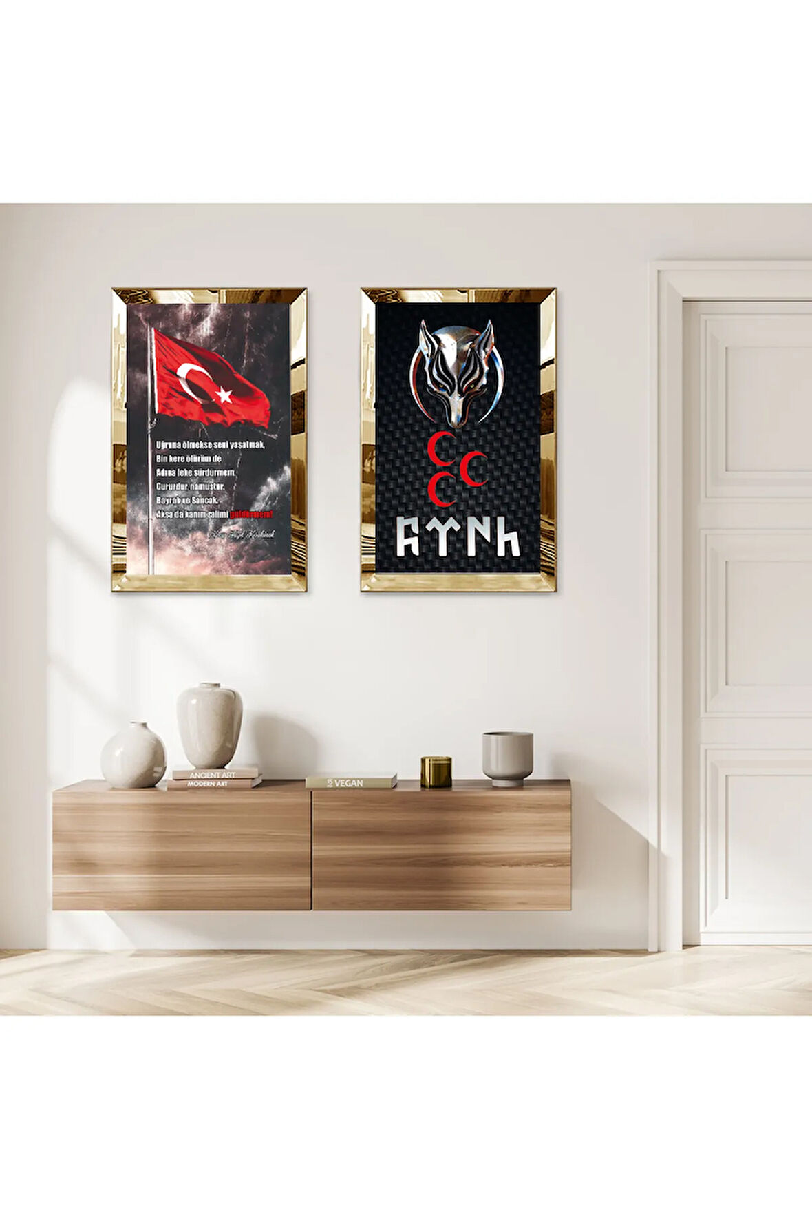 GOLD AYNALI PLEKSİ ÇERÇEVELİ TÜRK BAYRAĞI MODERN İKİLİ MDF TABLO SETİ