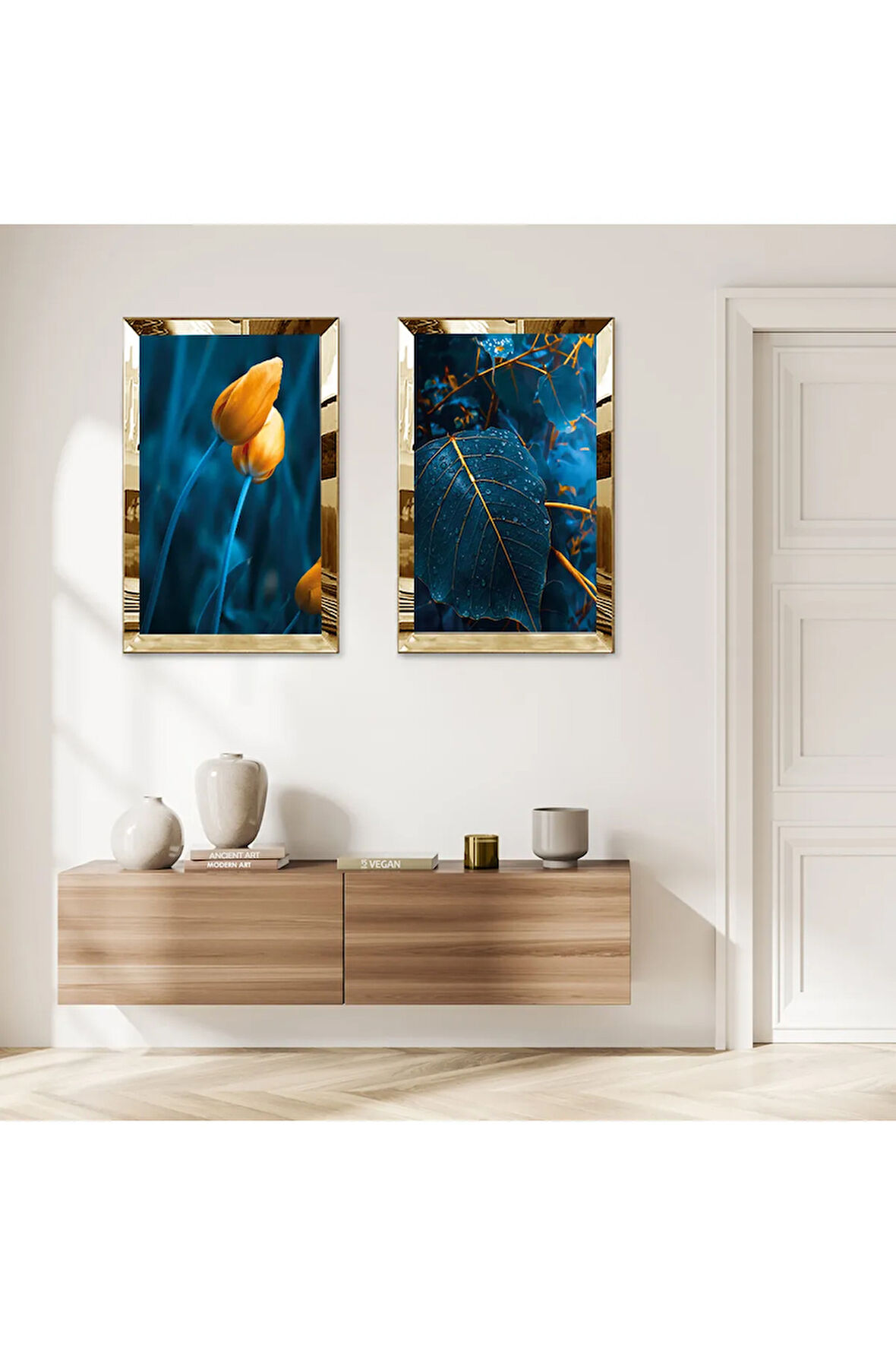 GOLD AYNALI PLEKSİ ÇERÇEVELİ MAVİ ARKA PLANLI TURUNCU ÇİÇEK DEKORATİF İKİLİ MDF TABLO SETİ