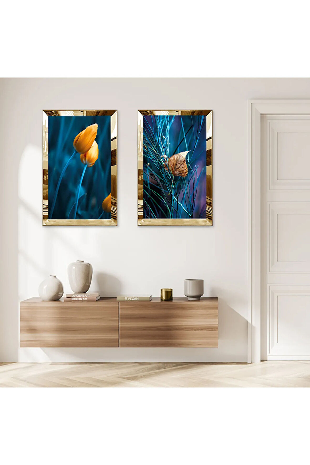 GOLD AYNALI PLEKSİ ÇERÇEVELİ MAVİ ARKA PLANLI TURUNCU ÇİÇEK MODERN İKİLİ MDF TABLO SETİ