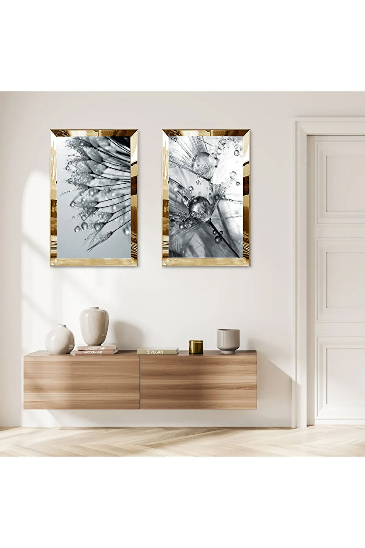 GOLD AYNALI PLEKSİ ÇERÇEVELİ GRİ SU DAMLALARI VE ÇİÇEKLER MODERN İKİLİ MDF TABLO SETİ