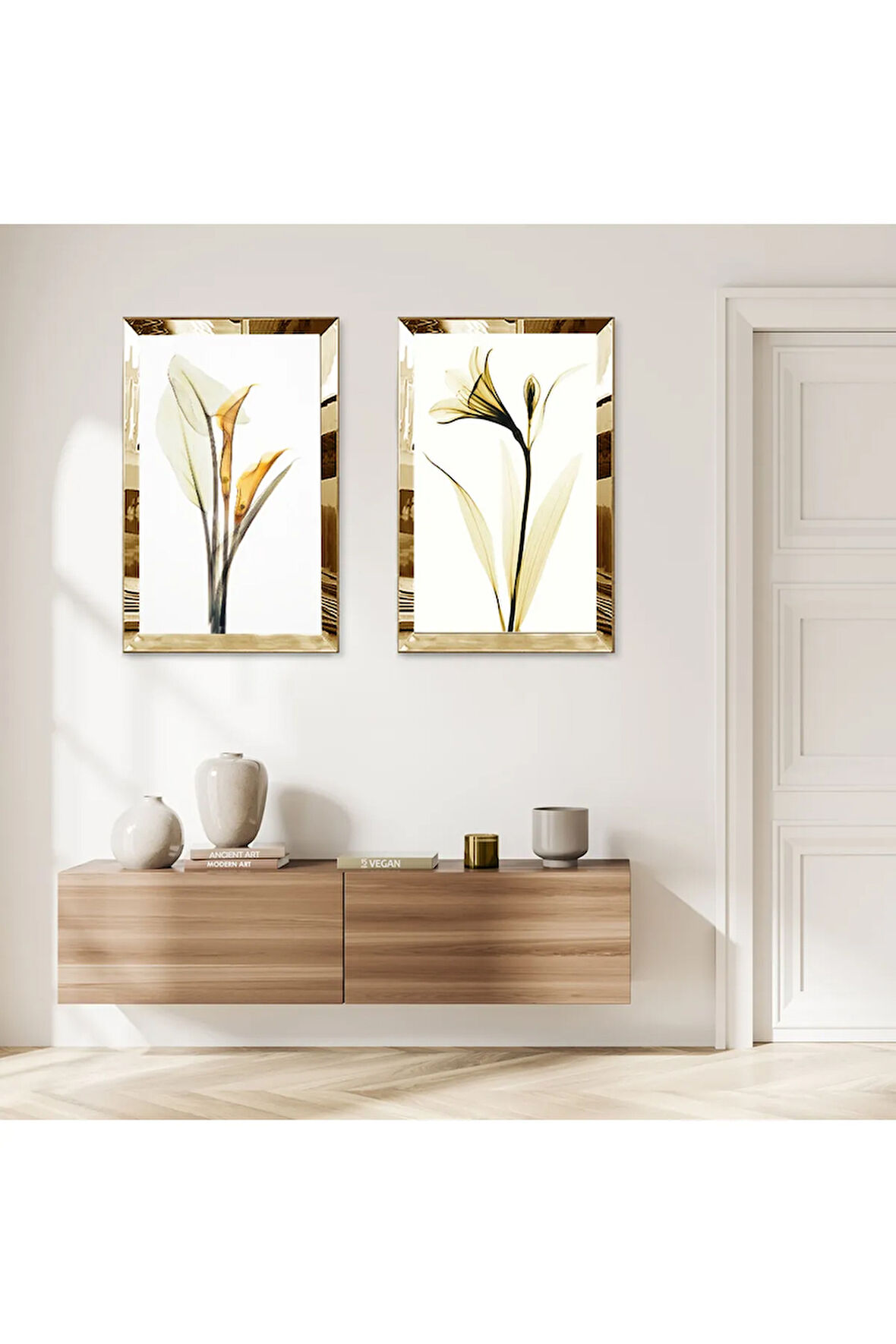 GOLD AYNALI PLEKSİ ÇERÇEVELİ BEYAZ ARKA PLANLI GOLD ÇİÇEKLER MODERN İKİLİ MDF TABLO SETİ