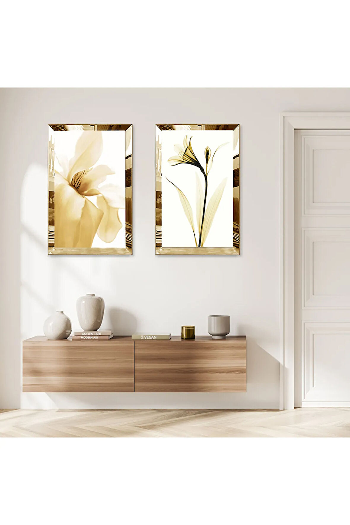 GOLD AYNALI PLEKSİ ÇERÇEVELİ BEYAZ ARKA PLANLI GOLD ÇİÇEKLER İKİLİ MDF TABLO SETİ