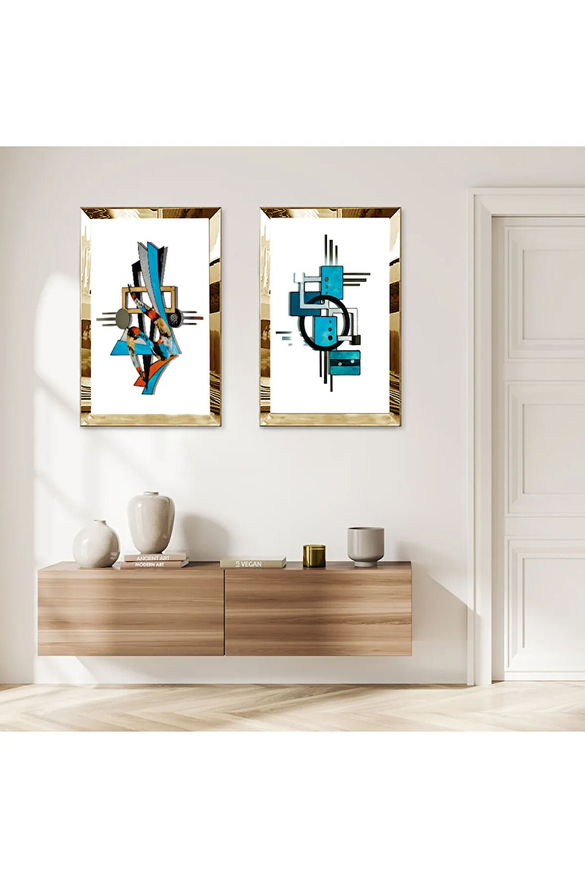GOLD AYNALI PLEKSİ ÇERÇEVELİ BEYA ARKA PLANLI MAVİ SOYUT DESENLER MODERN İKİLİ MDF TABLO SETİ