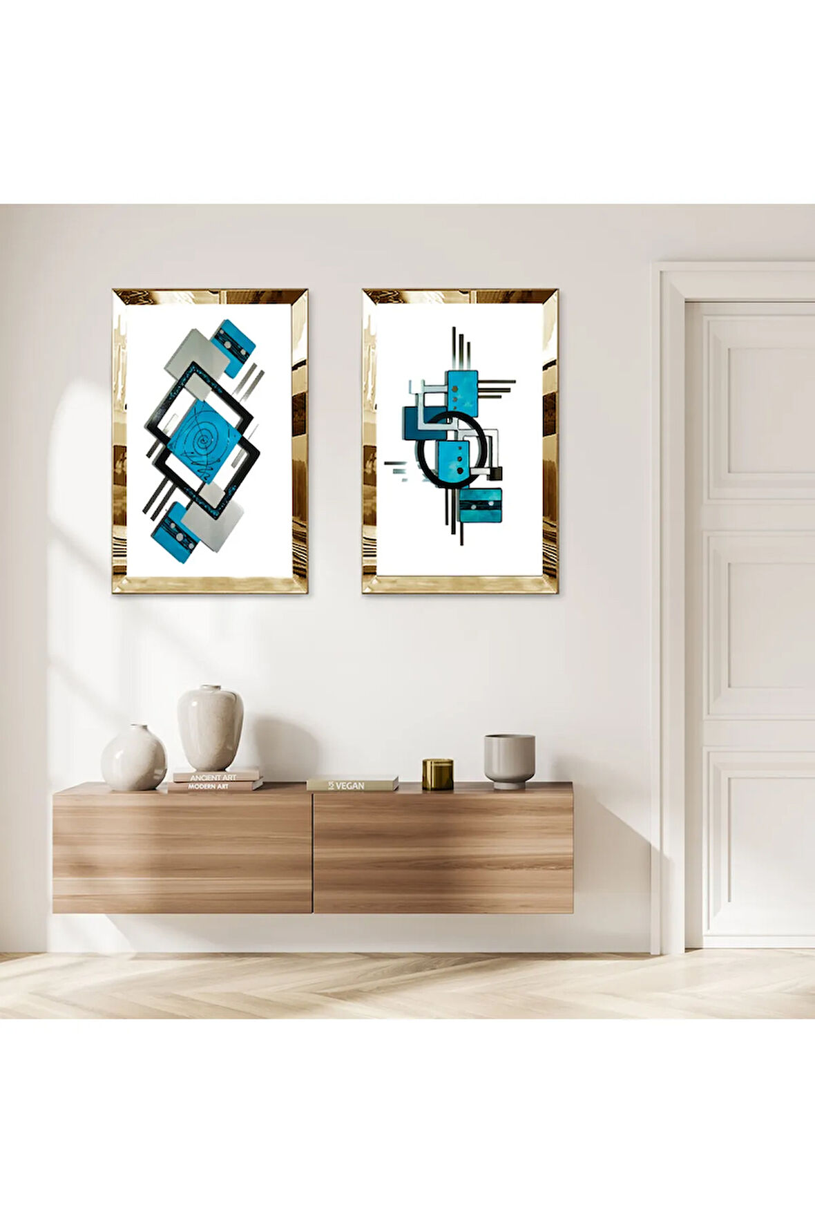 GOLD AYNALI PLEKSİ ÇERÇEVELİ BEYA ARKA PLANLI MAVİ SOYUT DESENLER İKİLİ MDF TABLO SETİ