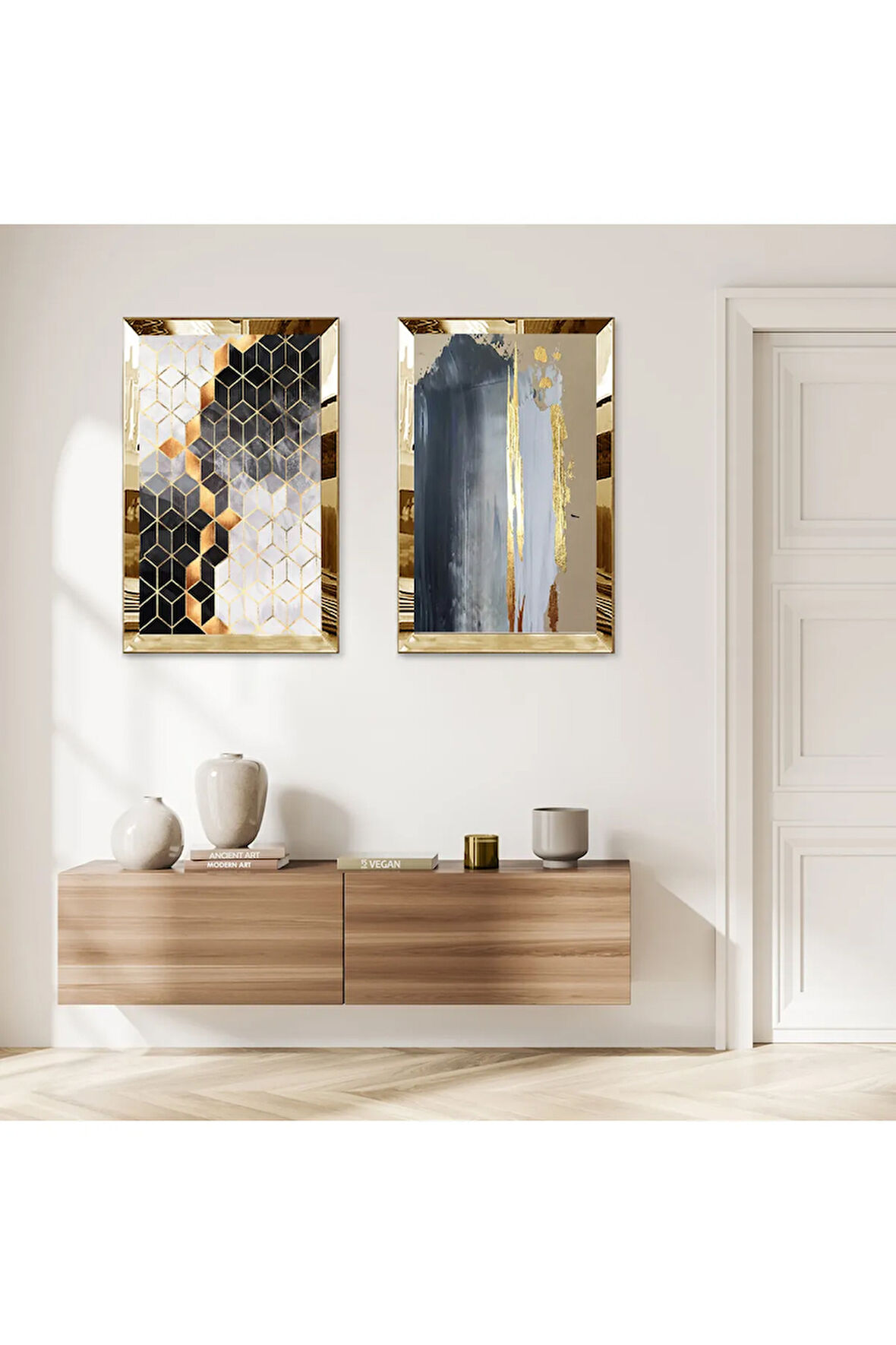 GOLD AYNALI PLEKSİ ÇERÇEVELİ RENKLİ DESENLER DEKORATİF İKİLİ MDF TABLO SETİ