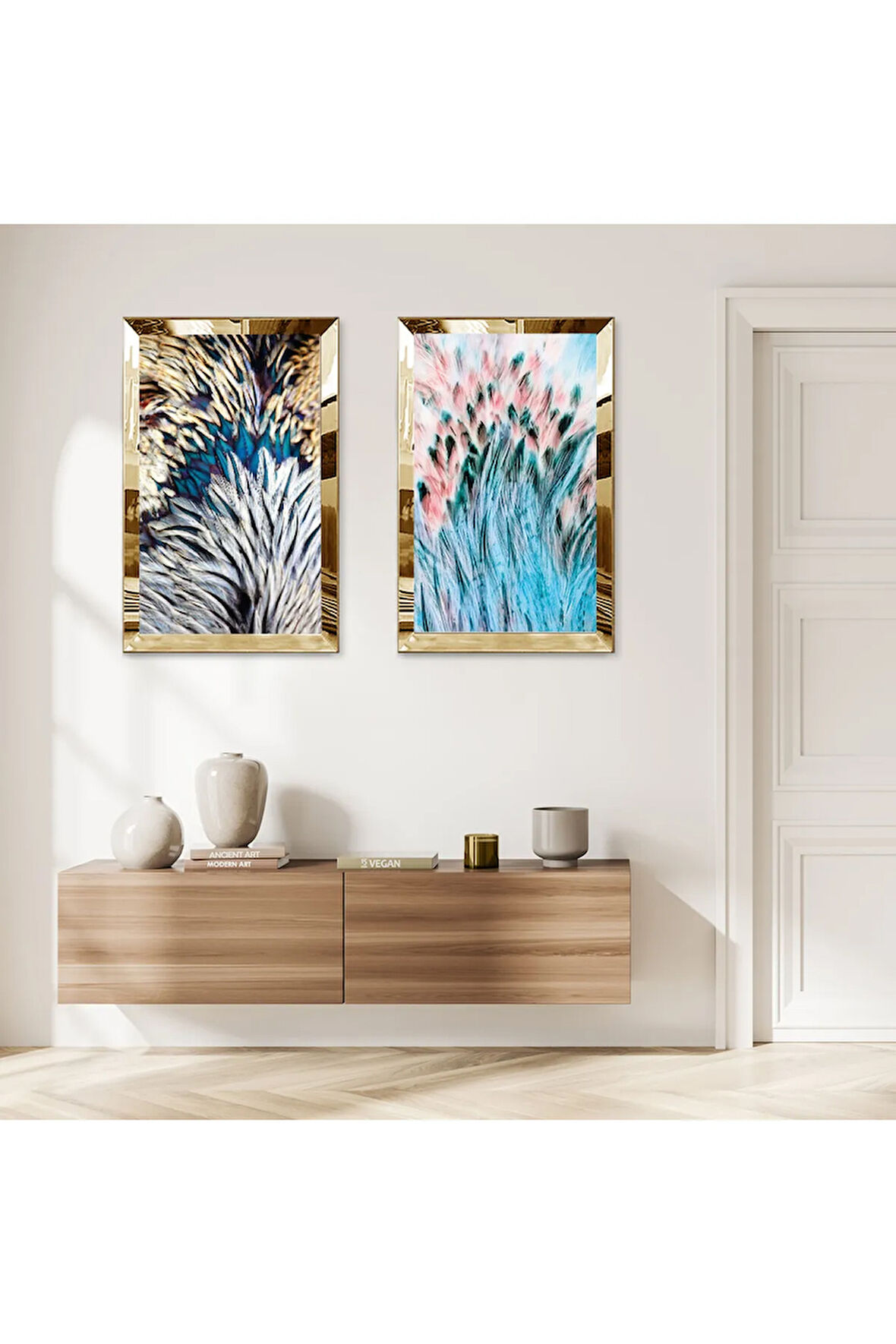 GOLD AYNALI PLEKSİ ÇERÇEVELİ BEYAZ MAVİ ÇİÇEKLER İKİLİ MDF TABLO SETİ