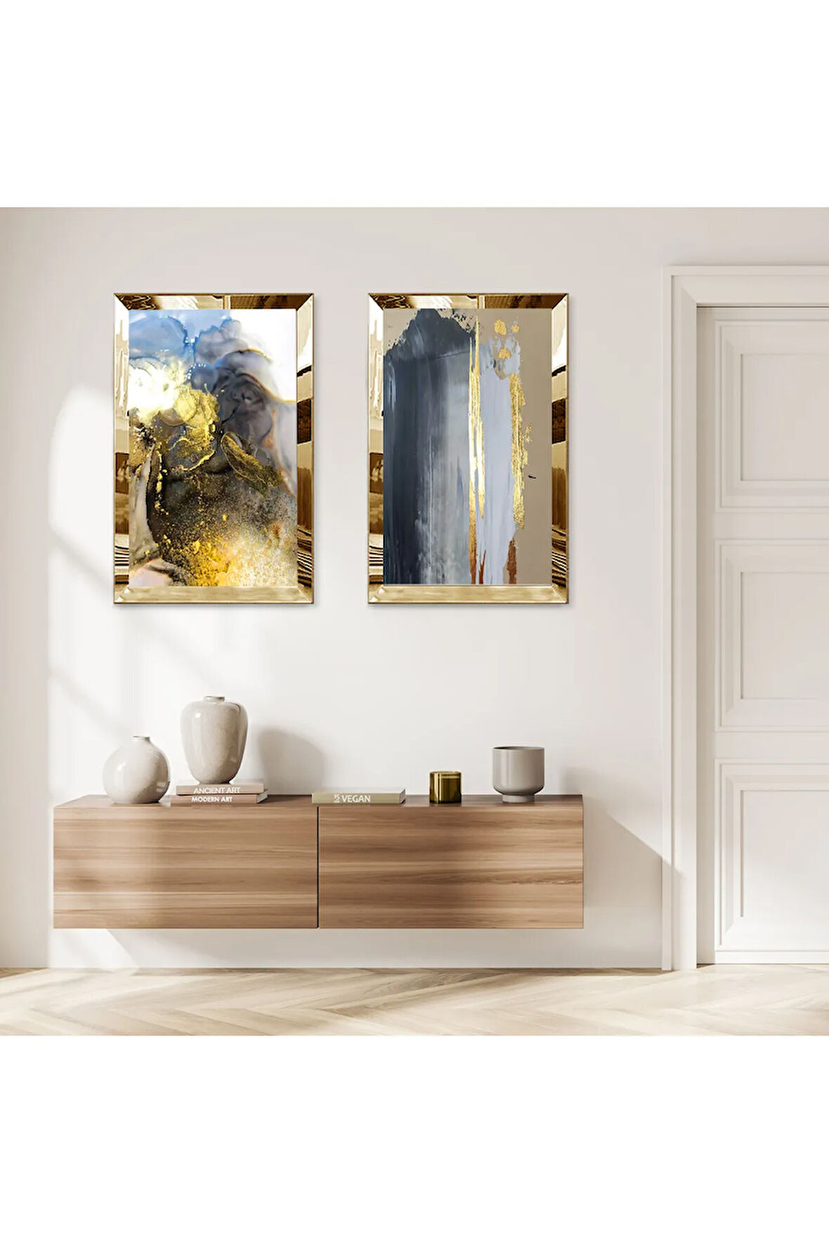 GOLD AYNALI PLEKSİ ÇERÇEVELİ MODERN RENKLİ DESENLER DEKORATİF İKİLİ MDF TABLO SETİ