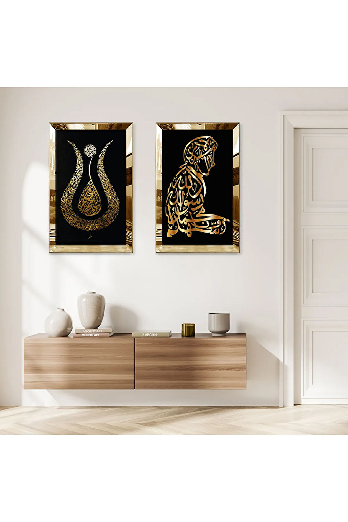GOLD AYNALI PLEKSİ ÇERÇEVELİ SİYAH ARKA PLANLI ARAPÇA YAZILAR DİNİ MODERN İKİLİ MDF TABLO SETİ