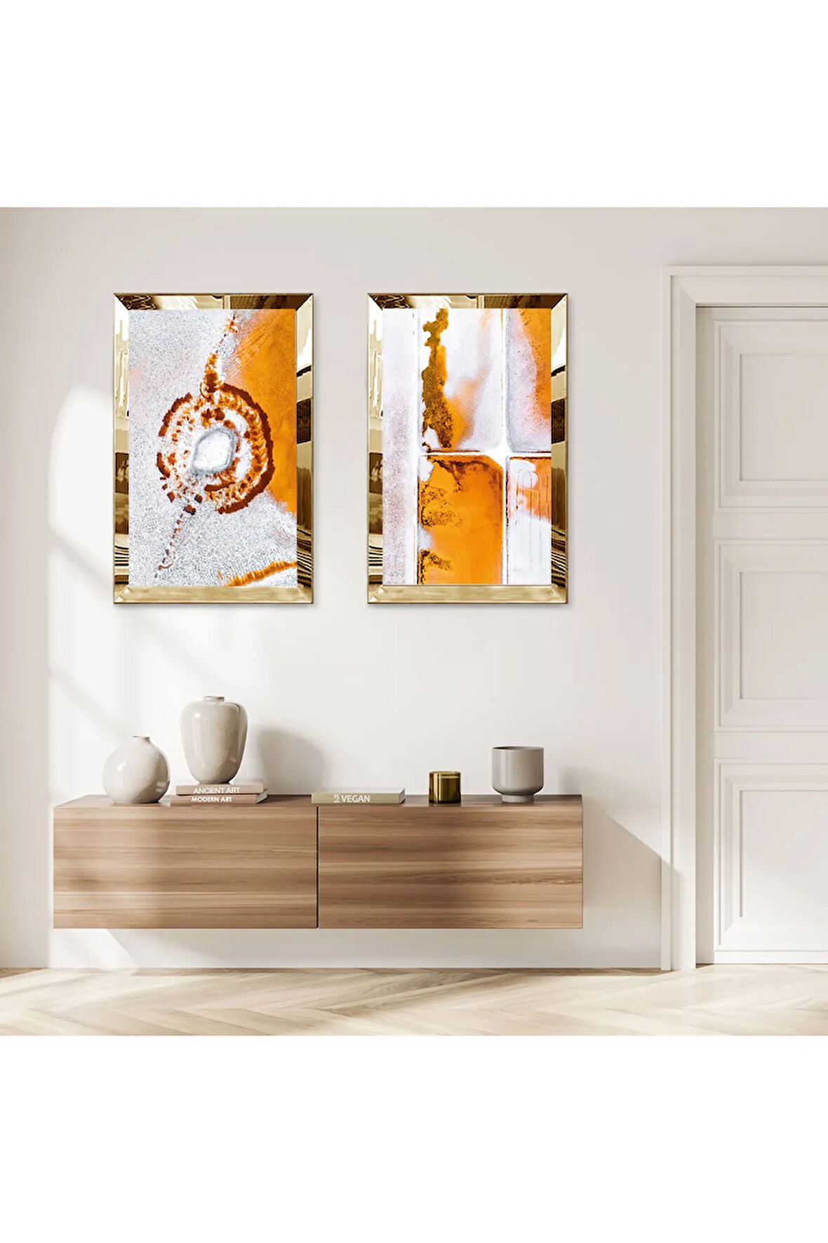 GOLD AYNALI PLEKSİ ÇERÇEVELİ BEYAZ ARKA PLANLI SOYUT TURUNCU DESENLER İKİLİ MDF TABLO SETİ