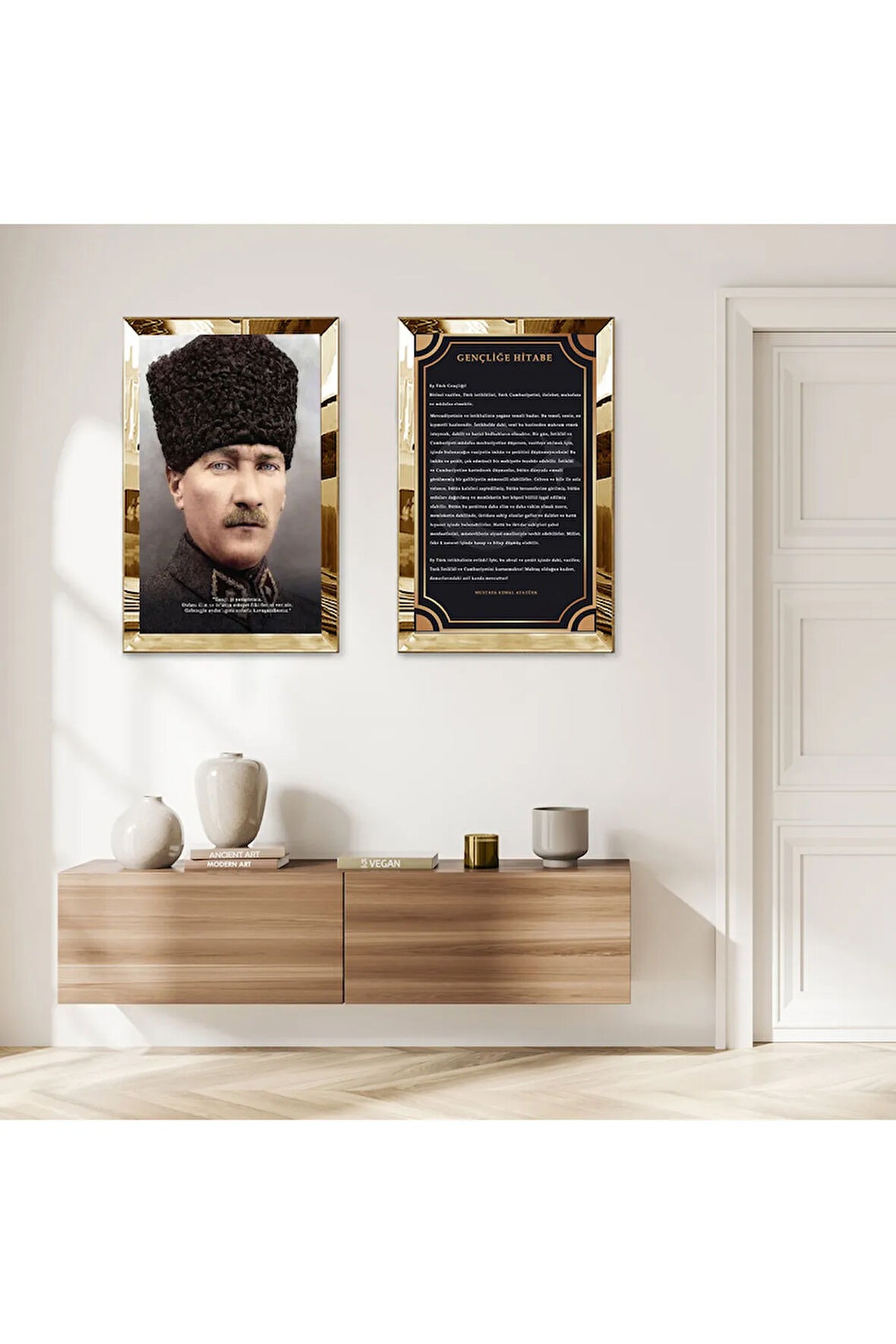 GOLD AYNALI PLEKSİ ÇERÇEVELİ ATATÜRK VE GENÇLİĞE HİTABE İKİLİ MDF TABLO SETİ