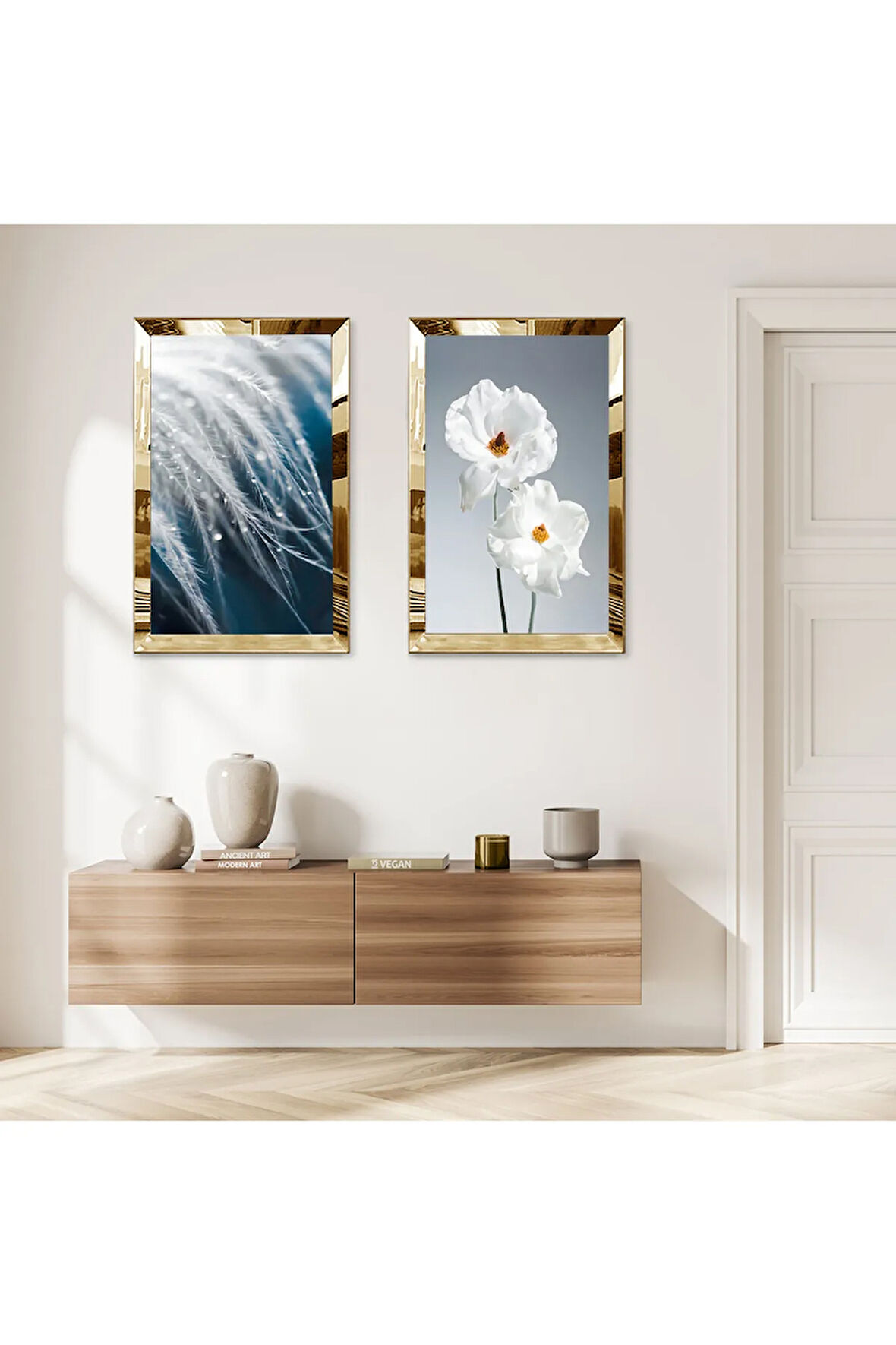 GOLD AYNALI PLEKSİ ÇERÇEVELİ DEKORATİF BEYAZ ÇİÇEKLER İKİLİ MDF TABLO SETİ