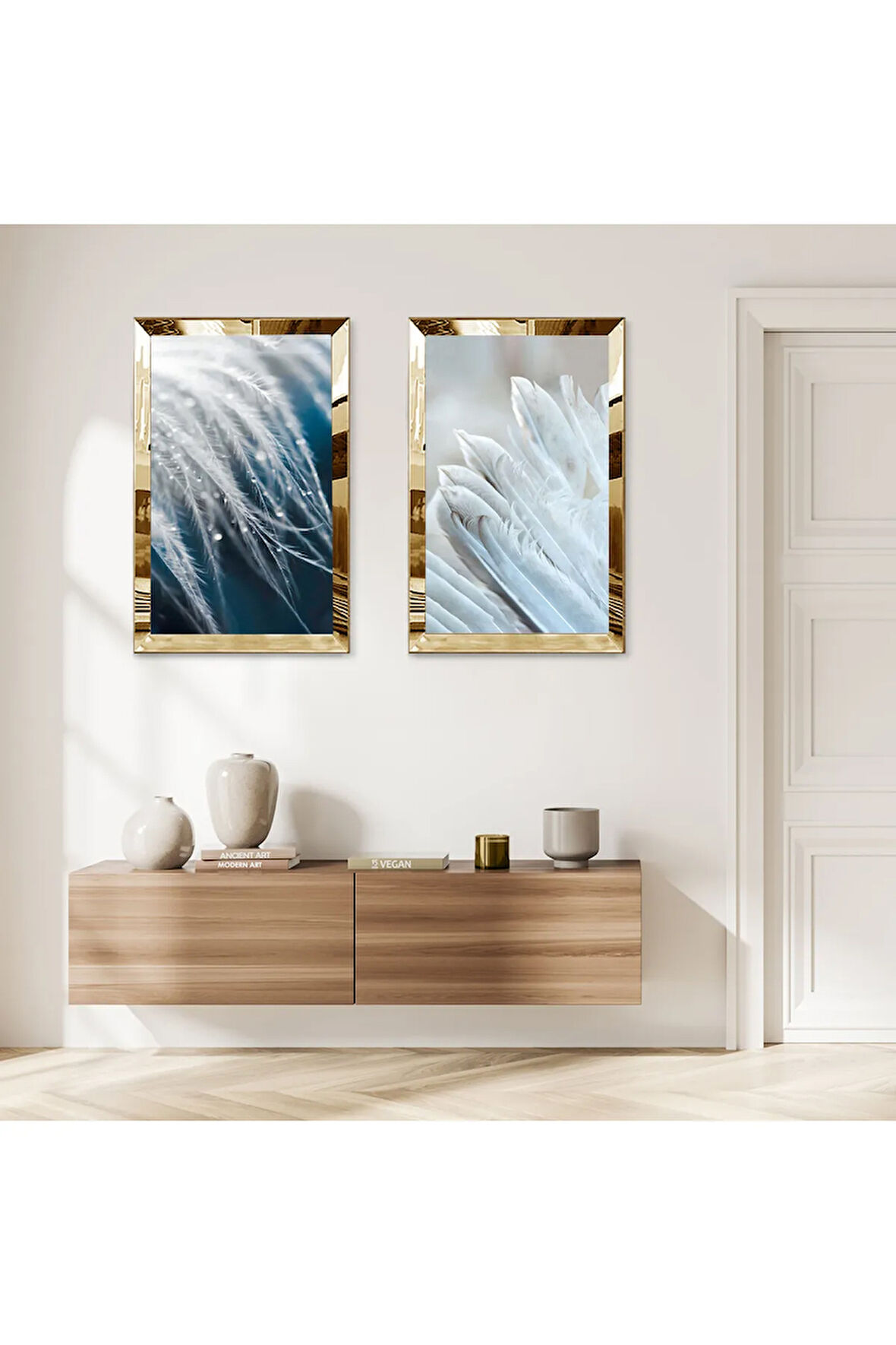 GOLD AYNALI PLEKSİ ÇERÇEVELİ MODERN BEYAZ ÇİÇEKLER İKİLİ MDF TABLO SETİ