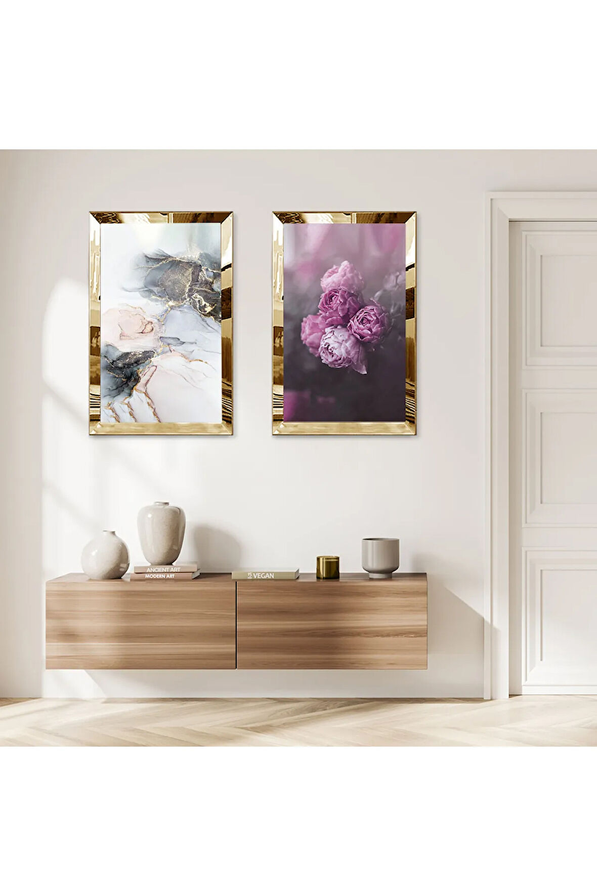 GOLD AYNALI PLEKSİ ÇERÇEVELİ MOR ÇİÇEKLER İKİLİ MDF TABLO SETİ