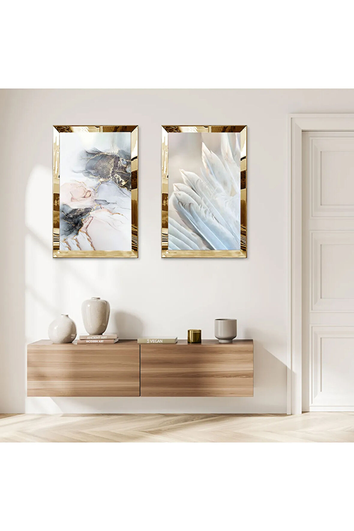 GOLD AYNALI PLEKSİ ÇERÇEVELİ BEYAZ ÇİÇEKLER İKİLİ MDF TABLO SETİ