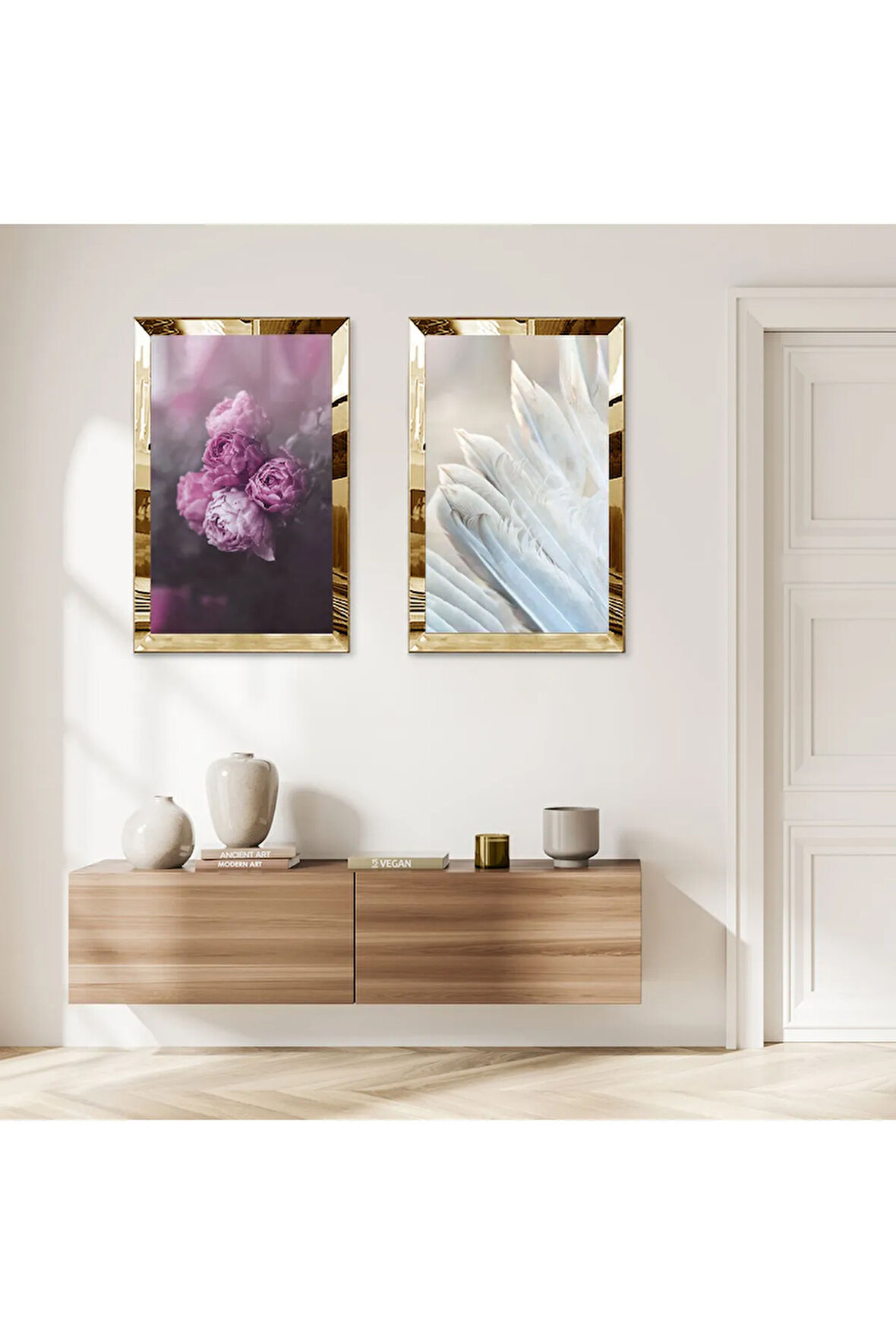 GOLD AYNALI PLEKSİ ÇERÇEVELİ MOR BEYAZ ÇİÇEKLER İKİLİ MDF TABLO SETİ