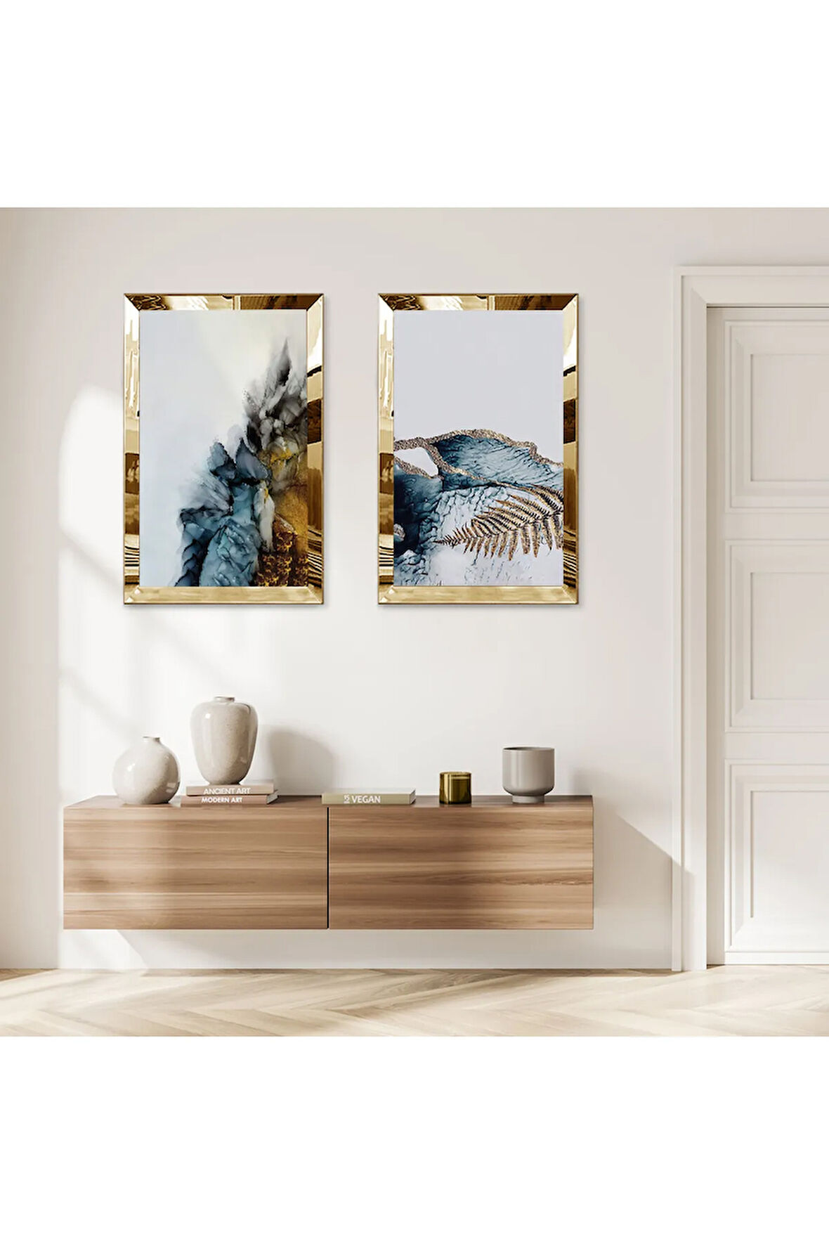 GOLD AYNALI PLEKSİ ÇERÇEVELİ MAVİ TONLARI SOYUT DESENLER DEKORATİF İKİLİ MDF TABLO SETİ