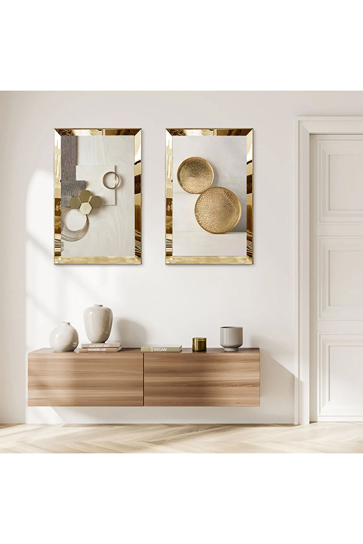 GOLD AYNALI PLEKSİ ÇERÇEVELİ KREM RENGİ SOYUT ŞEKİLLER DEKORATİF İKİLİ MDF TABLO SETİ
