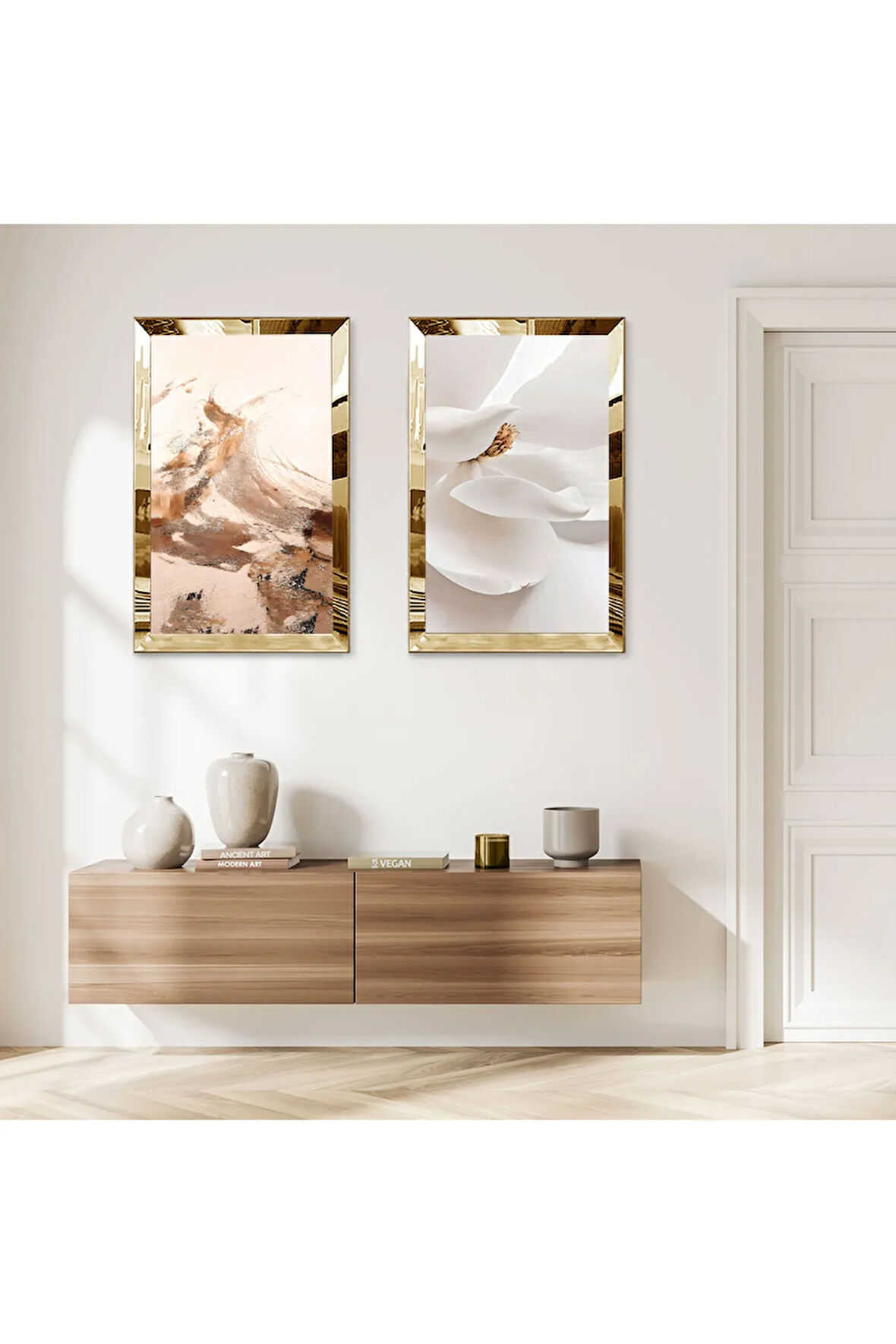 GOLD AYNALI PLEKSİ ÇERÇEVELİ BEYAZ SOYUT İKİLİ MDF TABLO SETİ