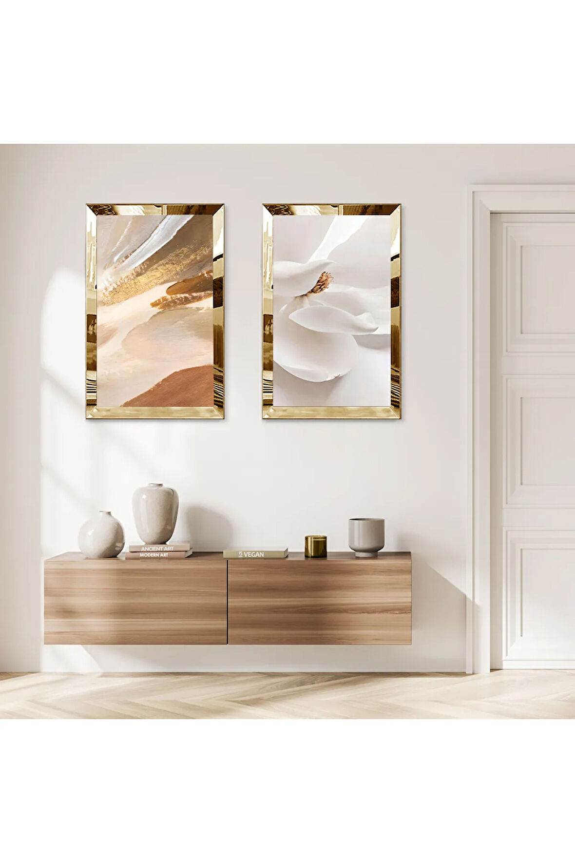 GOLD AYNALI PLEKSİ ÇERÇEVELİ BEYAZ DEKORATİF İKİLİ MDF TABLO SETİ