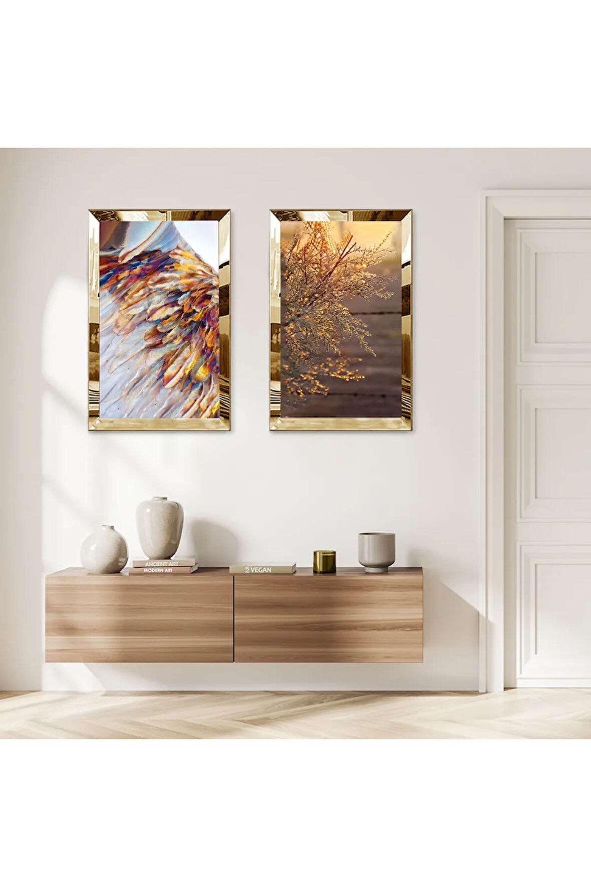 GOLD AYNALI PLEKSİ ÇERÇEVELİ SOYUT DEKORATİF ÇİÇEKLER İKİLİ MDF TABLO SETİ