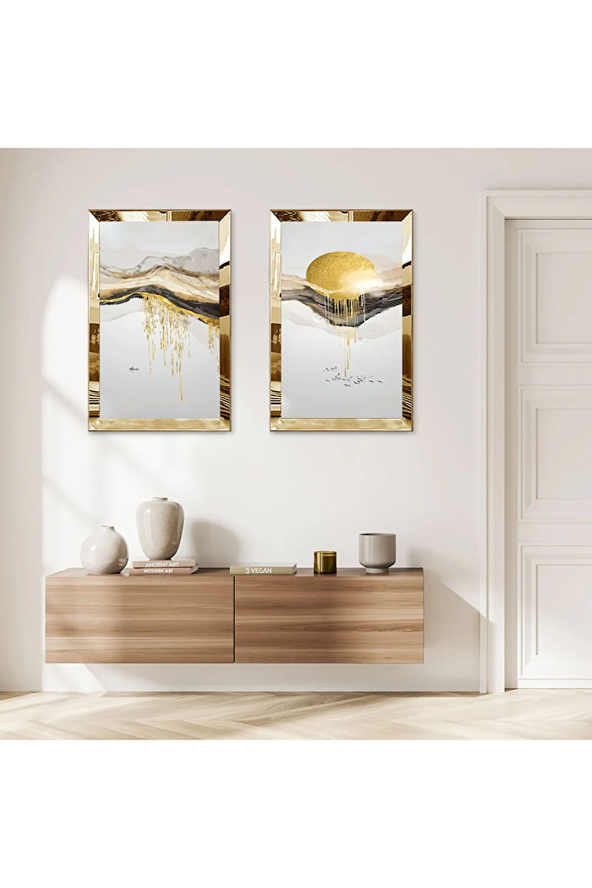 GOLD AYNALI PLEKSİ ÇERÇEVELİ BEYAZ SOYUT DAĞ MANZARALI İKİLİ MDF TABLO SETİ