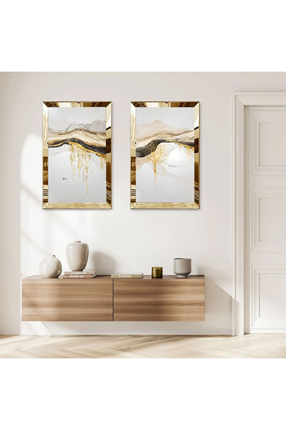 GOLD AYNALI PLEKSİ ÇERÇEVELİ BEYAZ SOYUT DAĞ MANZARALI DEKORATİF İKİLİ MDF TABLO SETİ