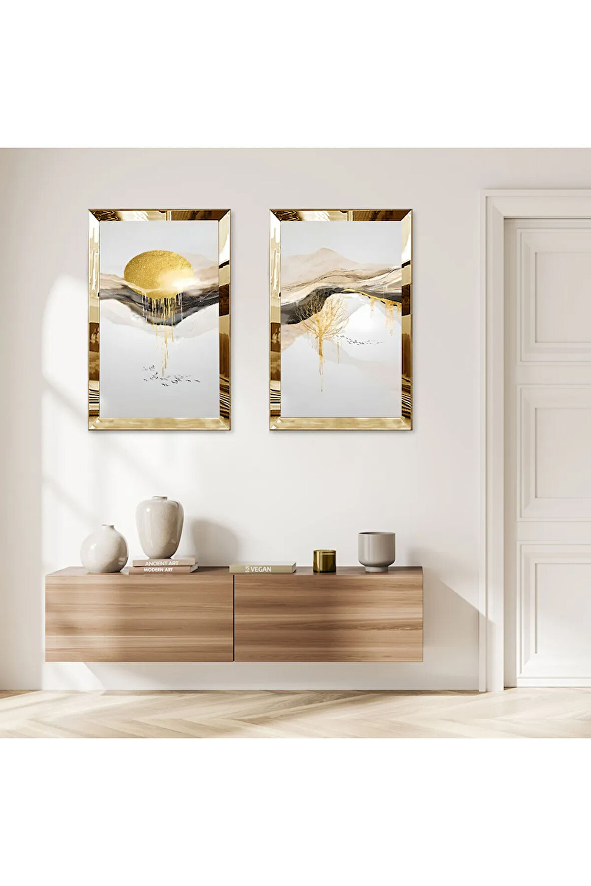 GOLD AYNALI PLEKSİ ÇERÇEVELİ BEYAZ SOYUT DAĞ MANZARALI MODERN İKİLİ MDF TABLO SETİ