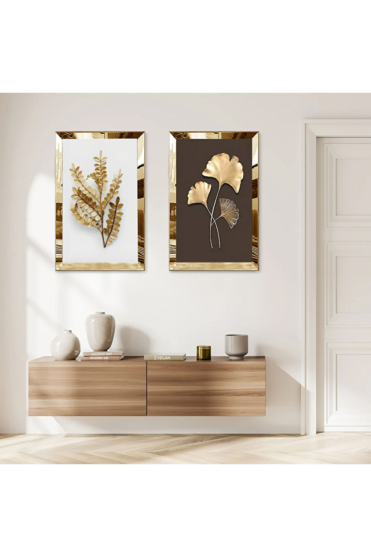 GOLD AYNALI PLEKSİ ÇERÇEVELİ GOLD KURUTULMUŞ ÇİÇEK DEKORATİF İKİLİ MDF TABLO SETİ