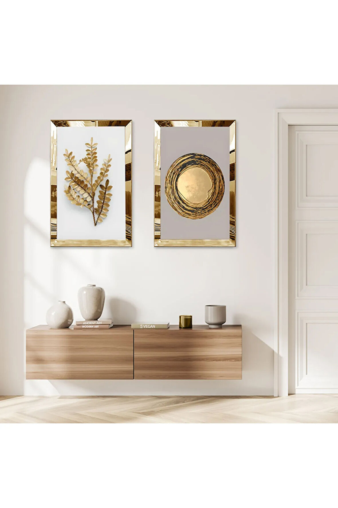 GOLD AYNALI PLEKSİ ÇERÇEVELİ GOLD KURUTULMUŞ ÇİÇEK MODERN İKİLİ MDF TABLO SETİ