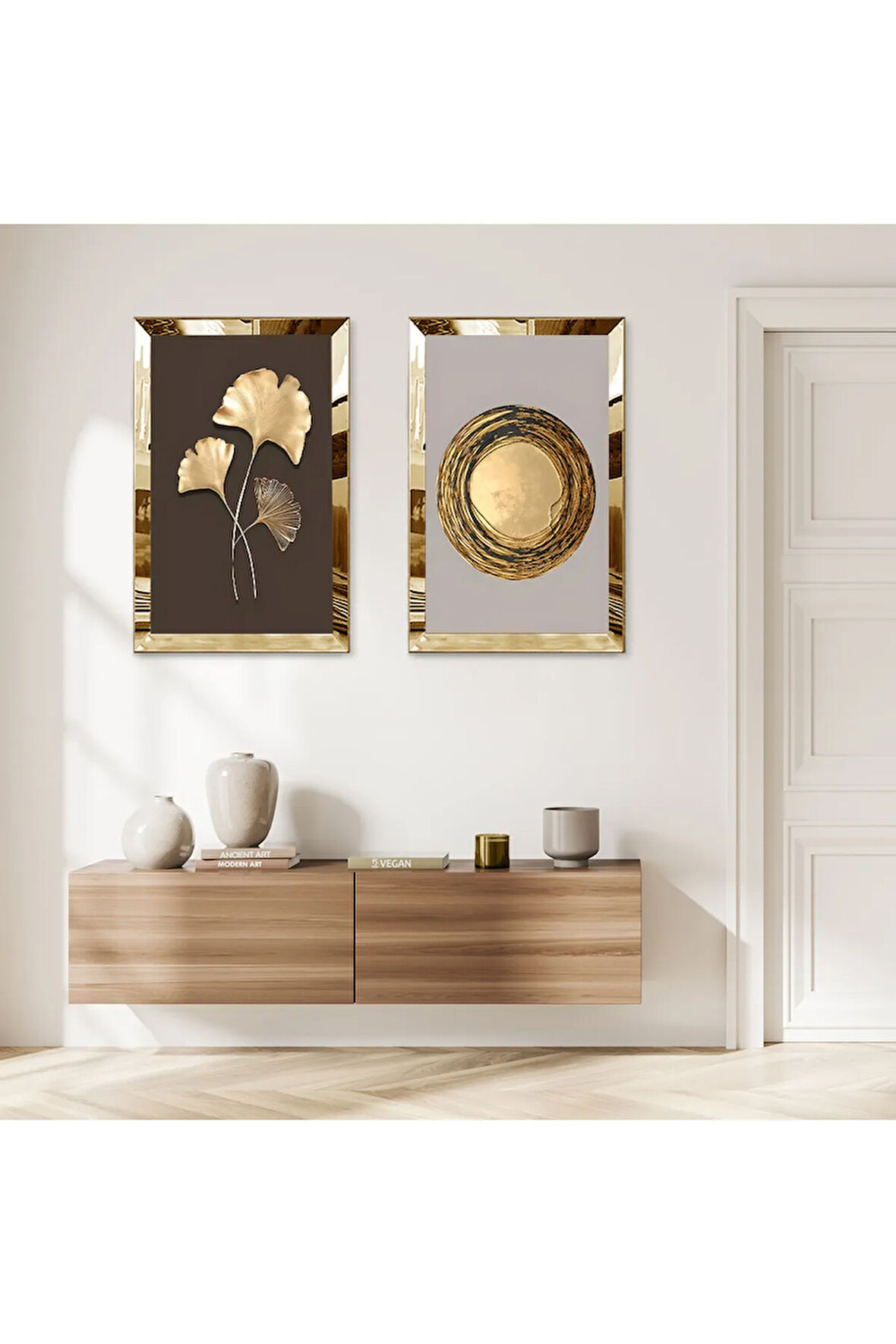 GOLD AYNALI PLEKSİ ÇERÇEVELİ GOLD KURUTULMUŞ ÇİÇEK İKİLİ MDF TABLO SETİ
