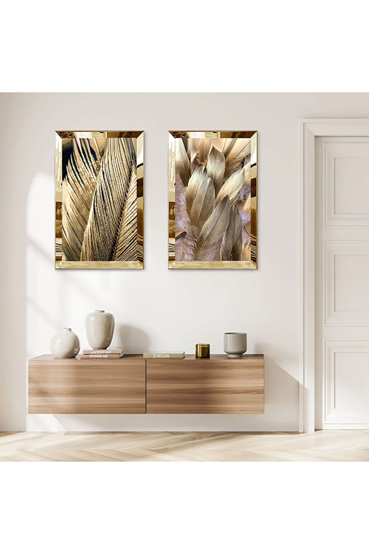 GOLD AYNALI PLEKSİ ÇERÇEVELİ GOLD PÜSKÜRTMELİ DEKORATİF İKİLİ MDF TABLO SETİ